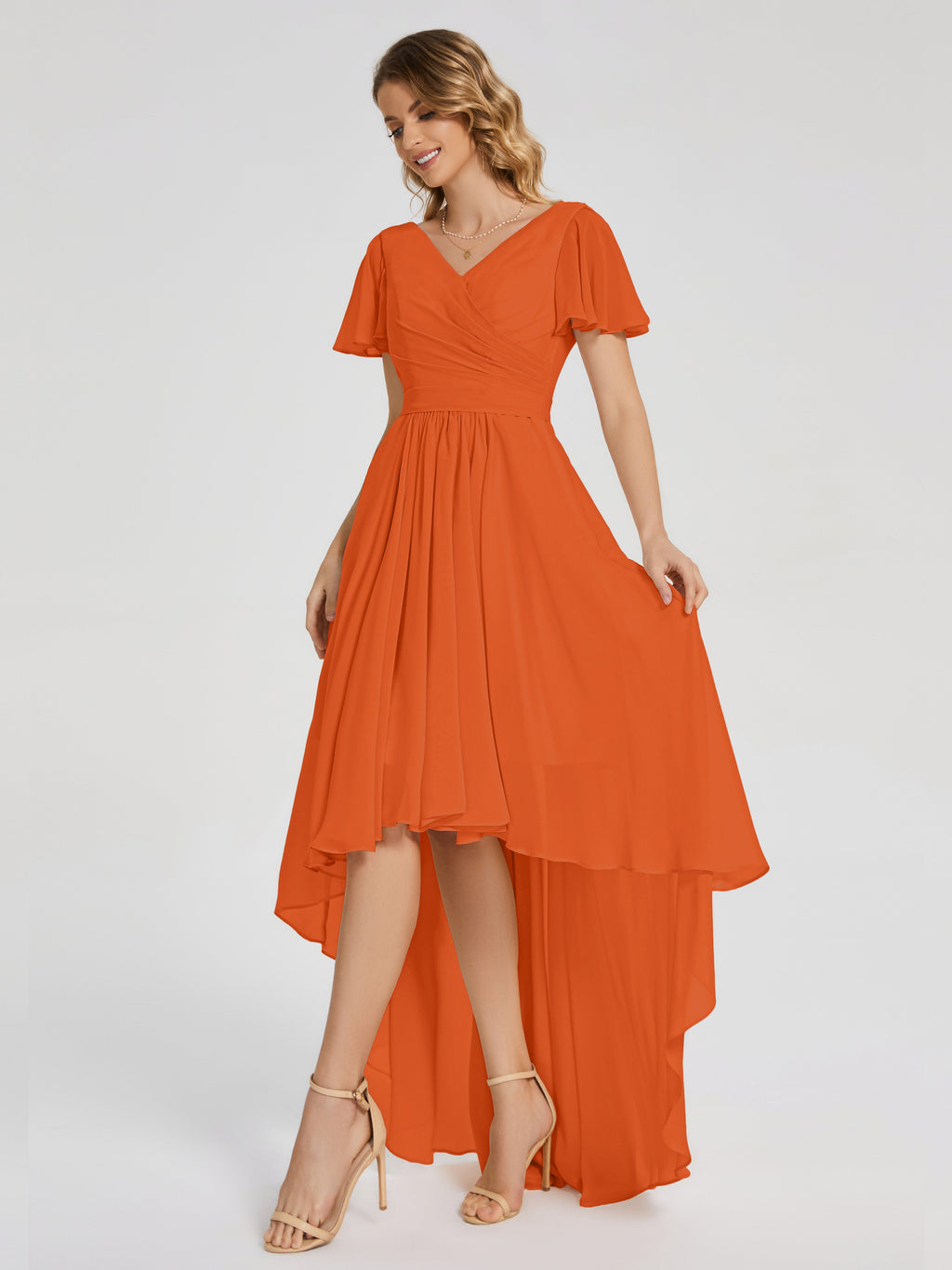 Evangeline High Low Short Sleeves Chiffon Bridesmaid Dress