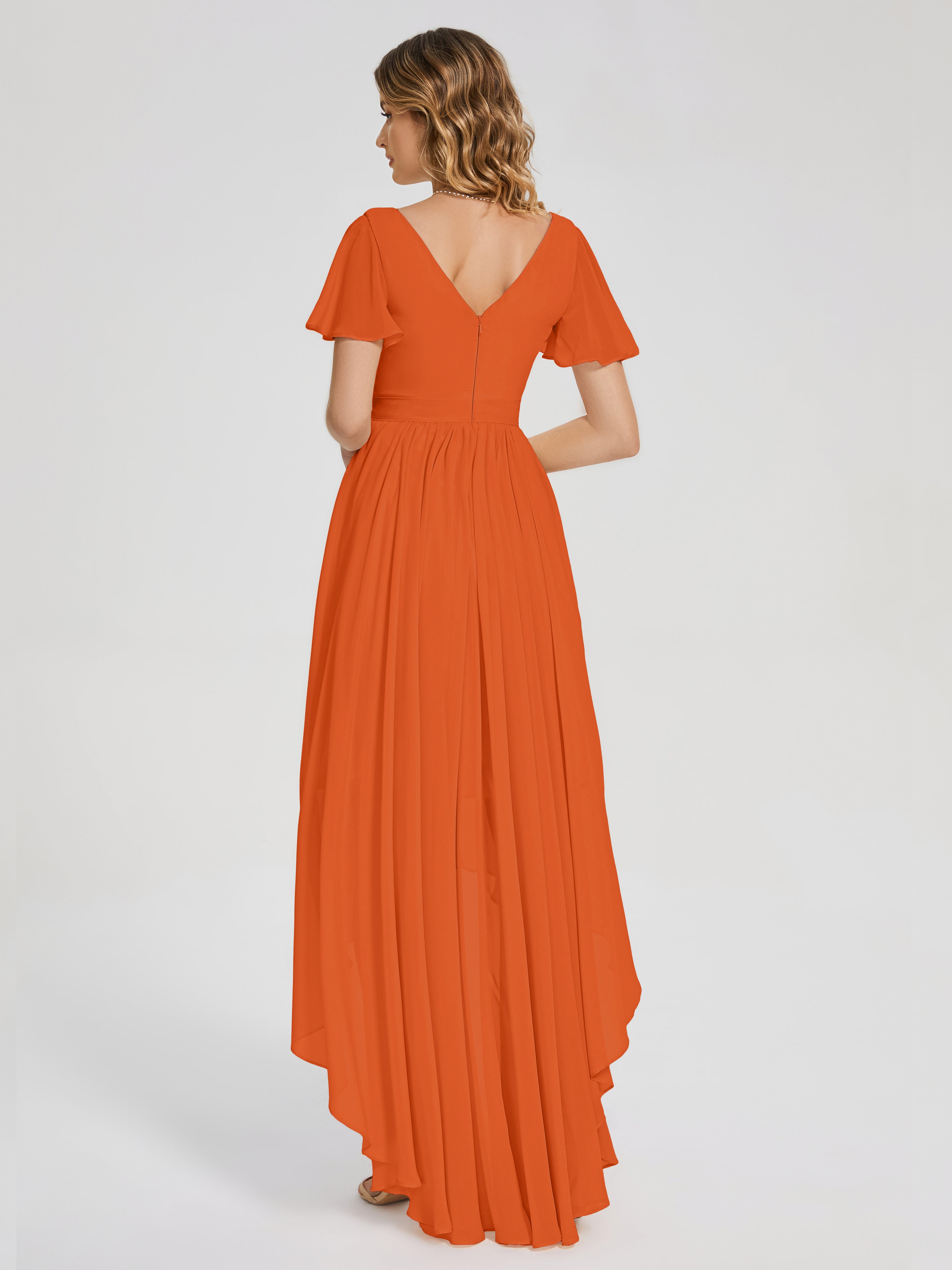 Evangeline High Low Short Sleeves Chiffon Bridesmaid Dress