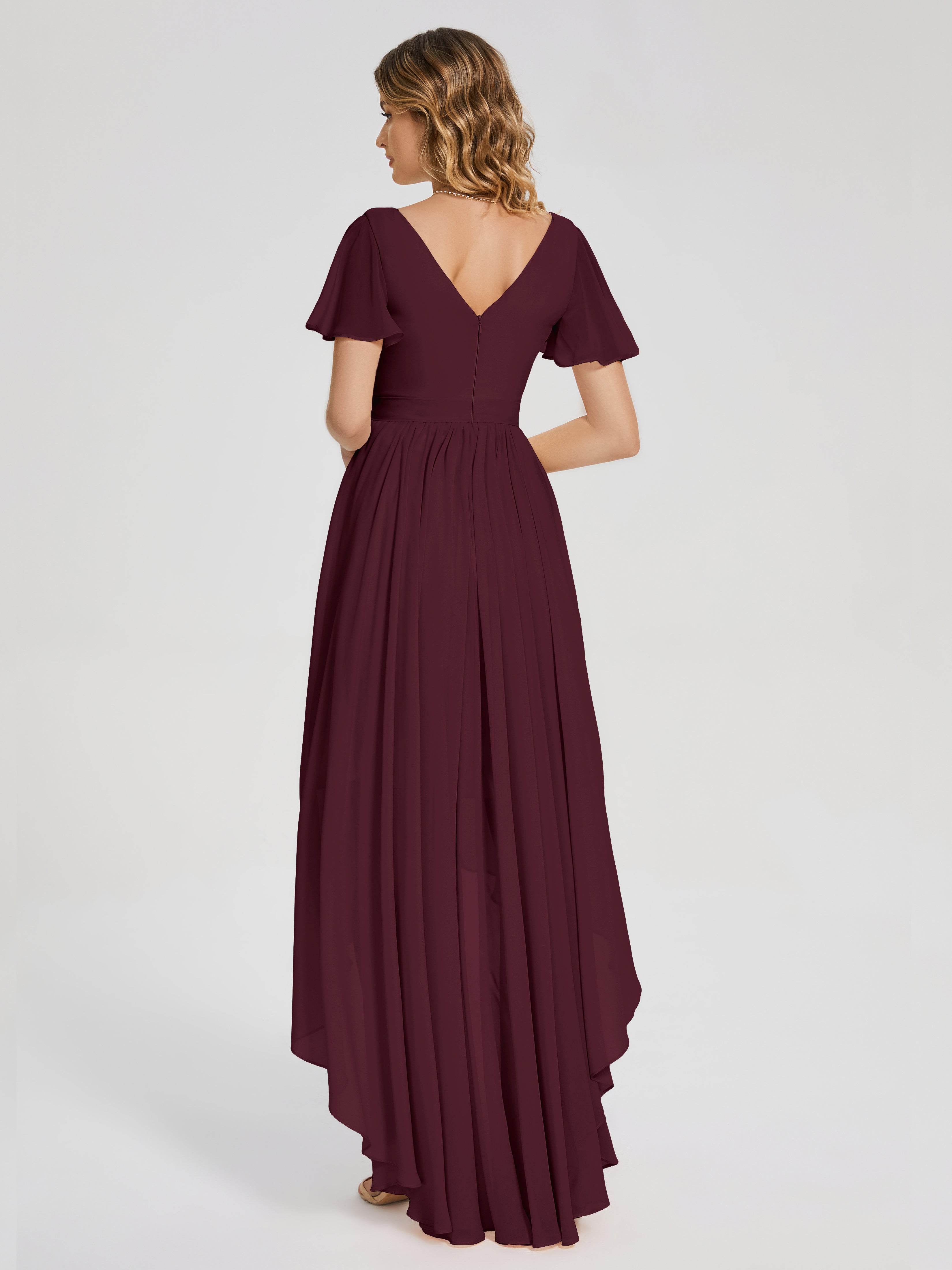 Evangeline High Low Short Sleeves Chiffon Bridesmaid Dress