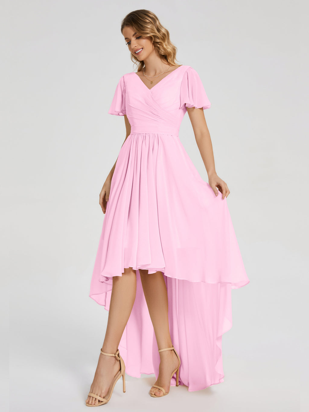 Evangeline High Low Short Sleeves Chiffon Bridesmaid Dress