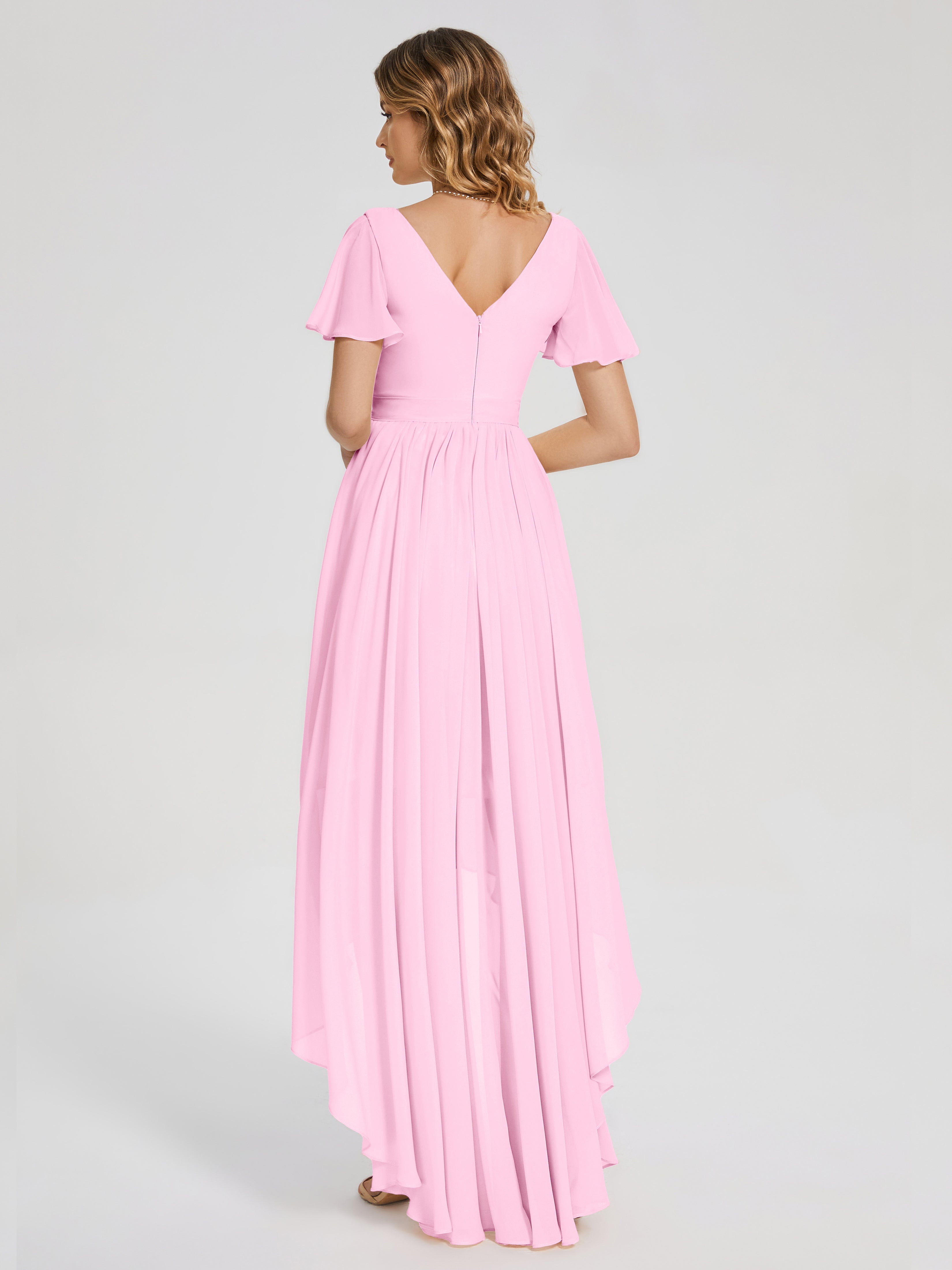Evangeline High Low Short Sleeves Chiffon Bridesmaid Dress