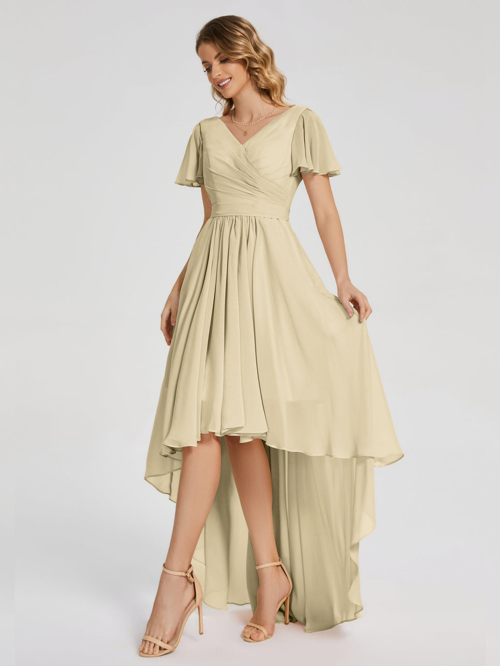 Evangeline High Low Short Sleeves Chiffon Bridesmaid Dress
