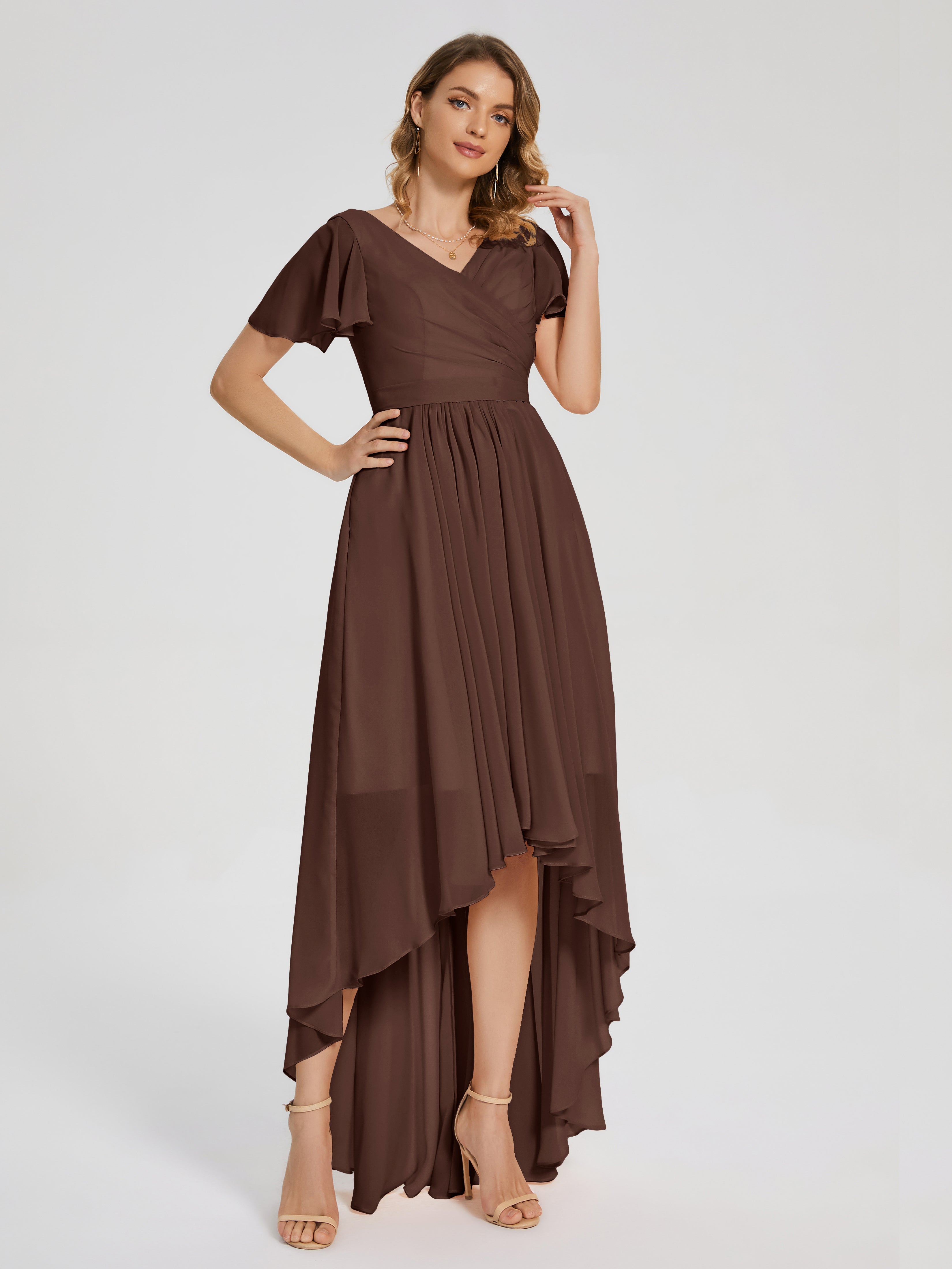 Evangeline High Low Short Sleeves Chiffon Bridesmaid Dress