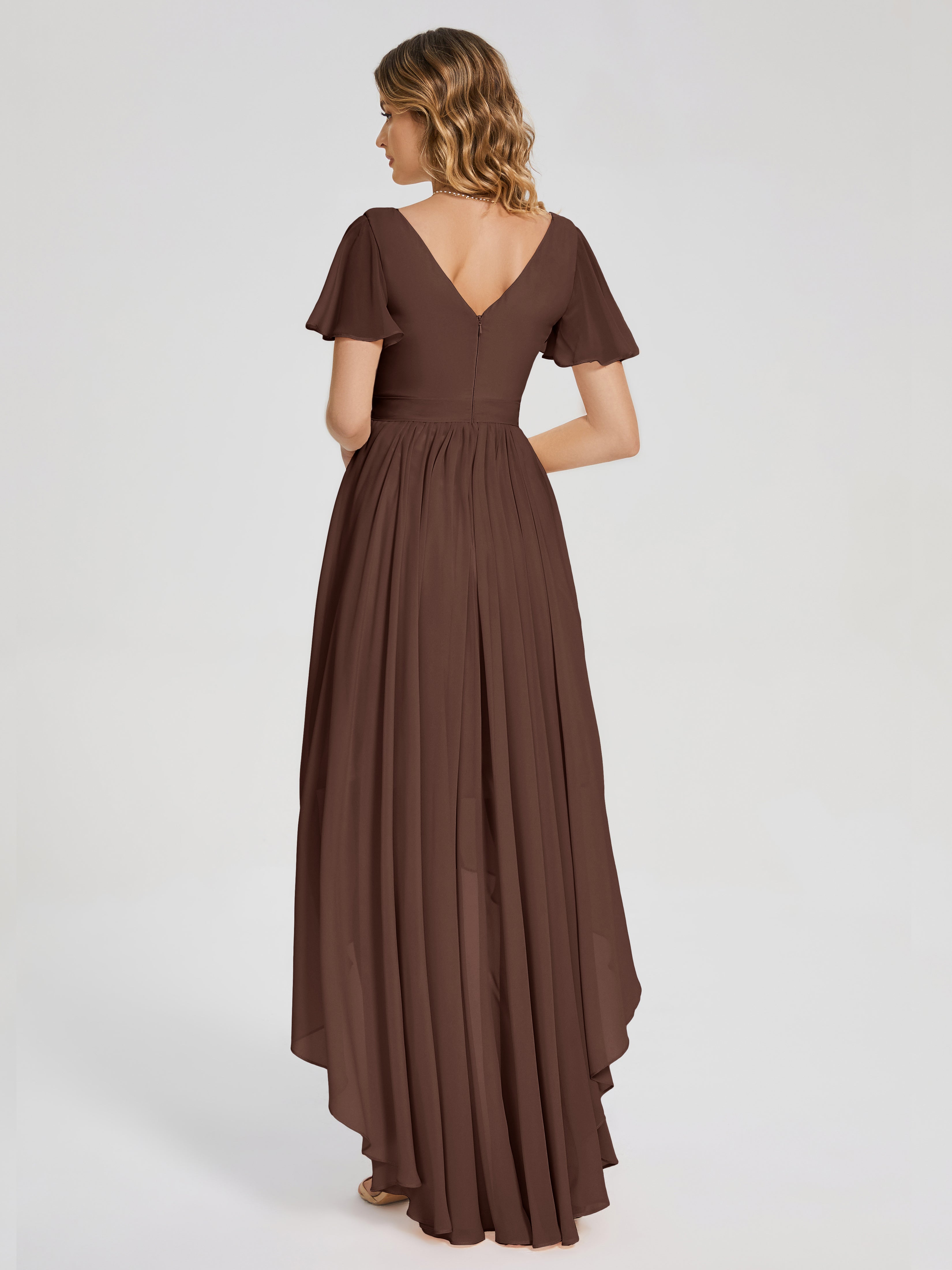 Evangeline High Low Short Sleeves Chiffon Bridesmaid Dress