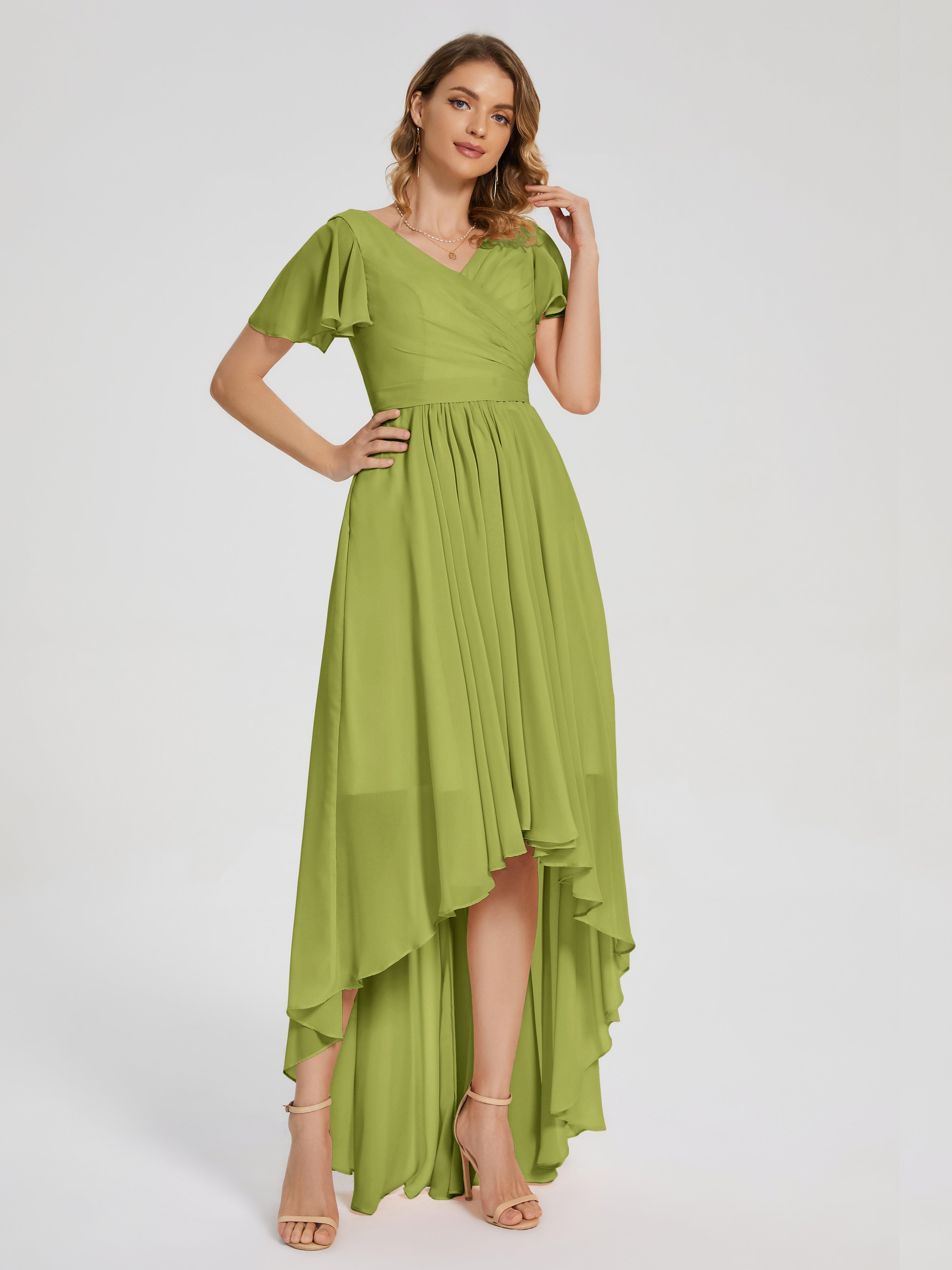 Evangeline High Low Short Sleeves Chiffon Bridesmaid Dress