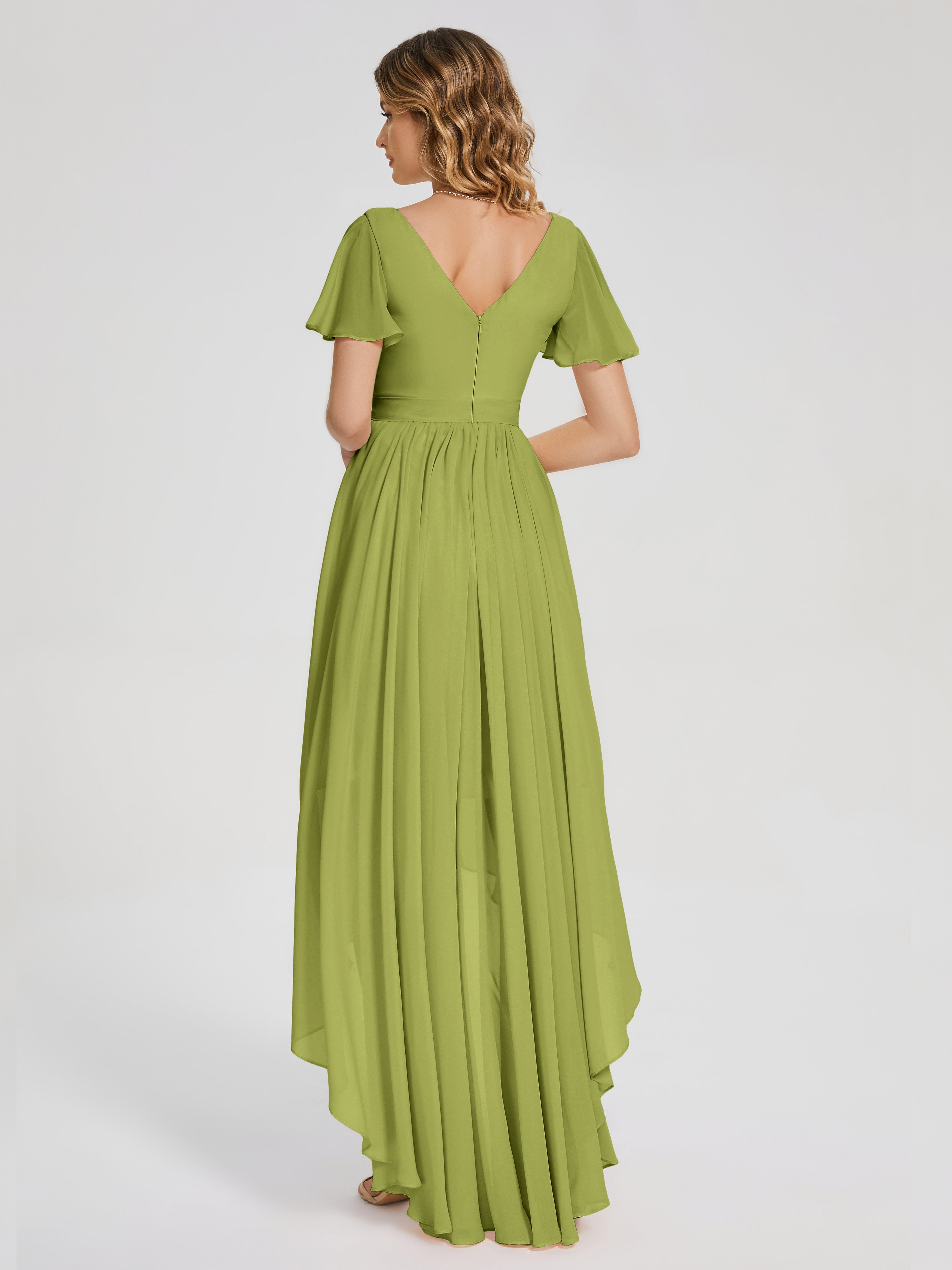 Evangeline High Low Short Sleeves Chiffon Bridesmaid Dress