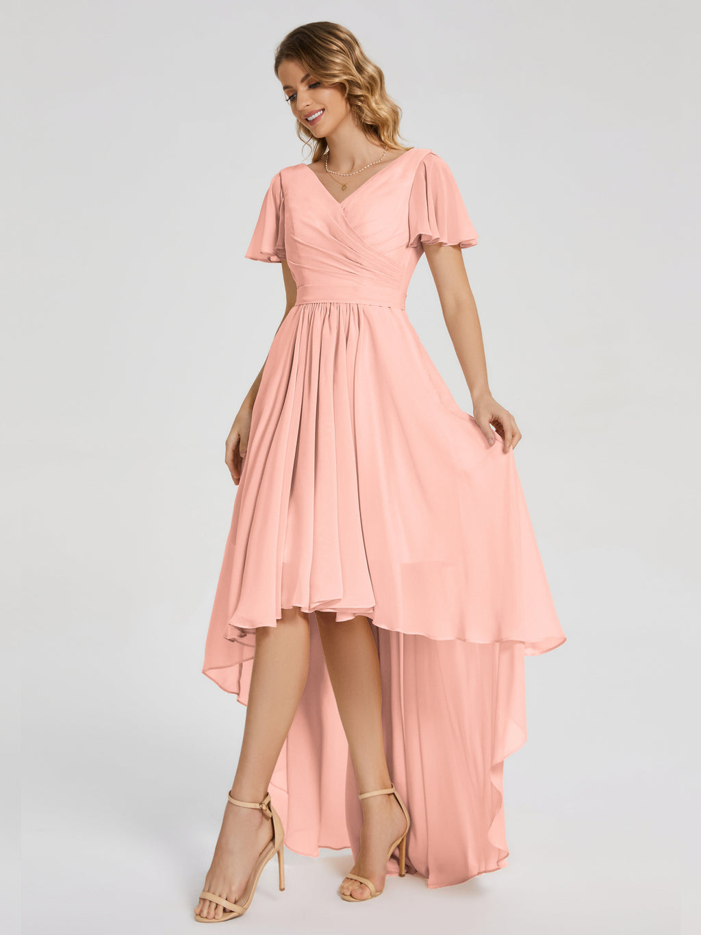 Evangeline High Low Short Sleeves Chiffon Bridesmaid Dress
