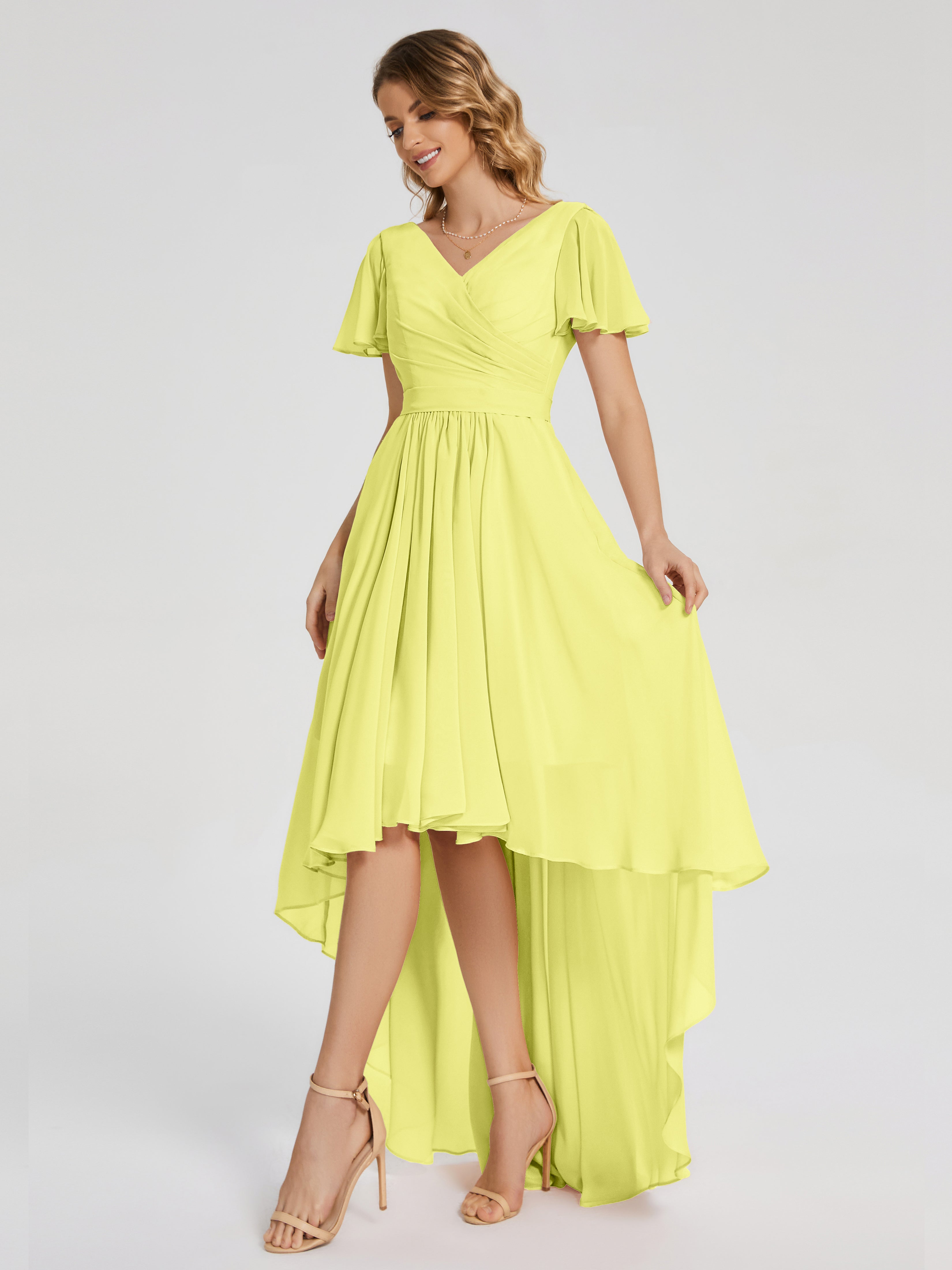 Evangeline High Low Short Sleeves Chiffon Bridesmaid Dress