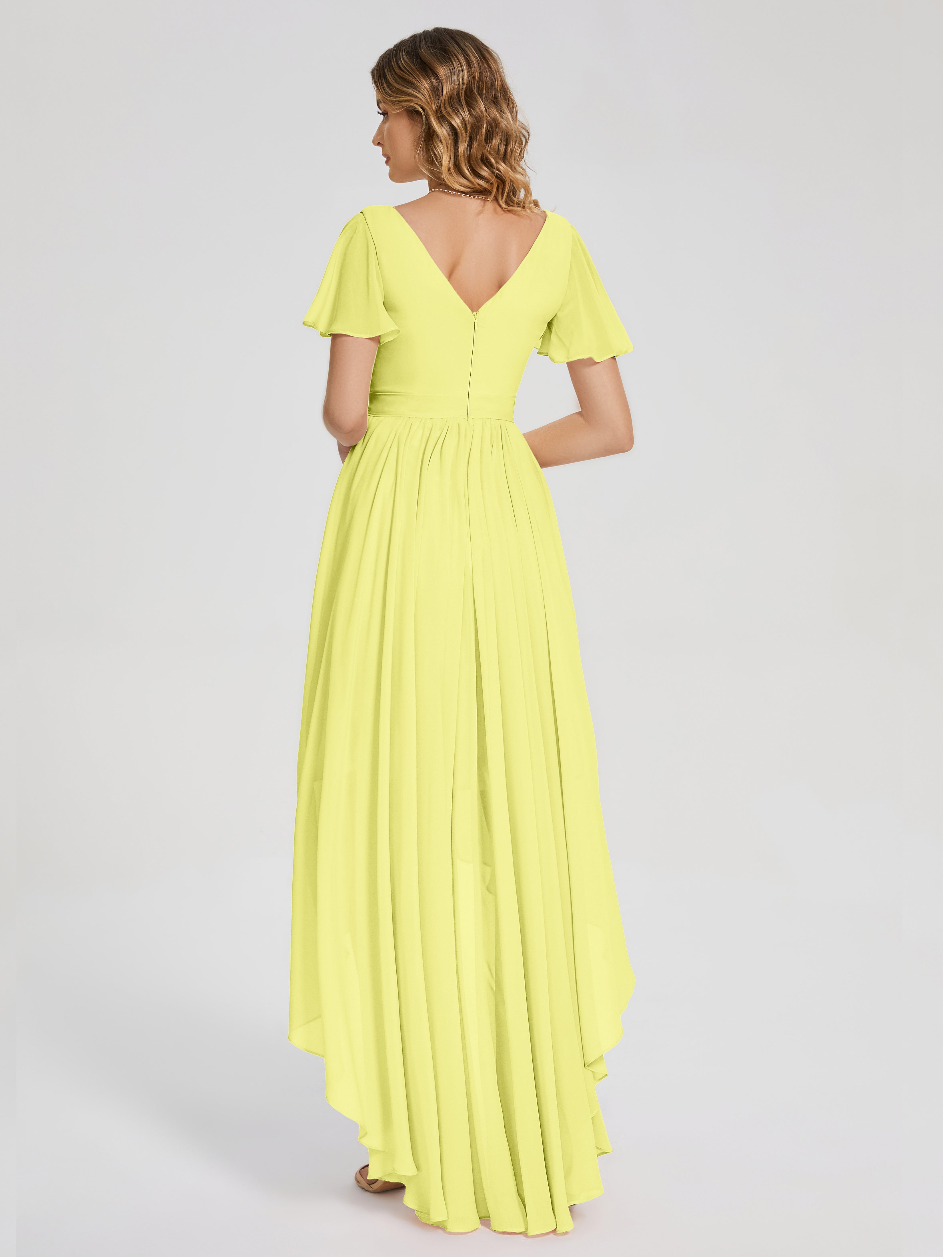 Evangeline High Low Short Sleeves Chiffon Bridesmaid Dress