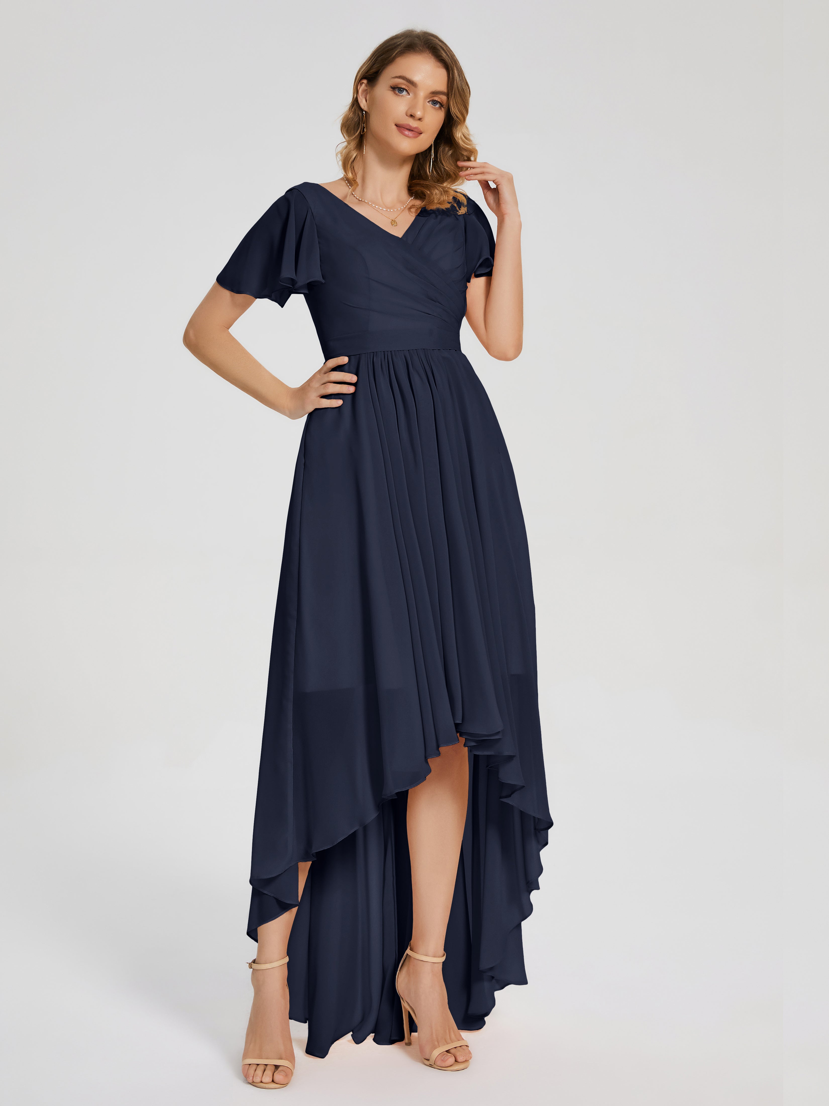 Evangeline High Low Short Sleeves Chiffon Bridesmaid Dress