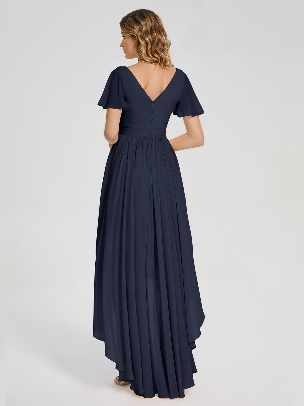 Evangeline High Low Short Sleeves Chiffon Bridesmaid Dress