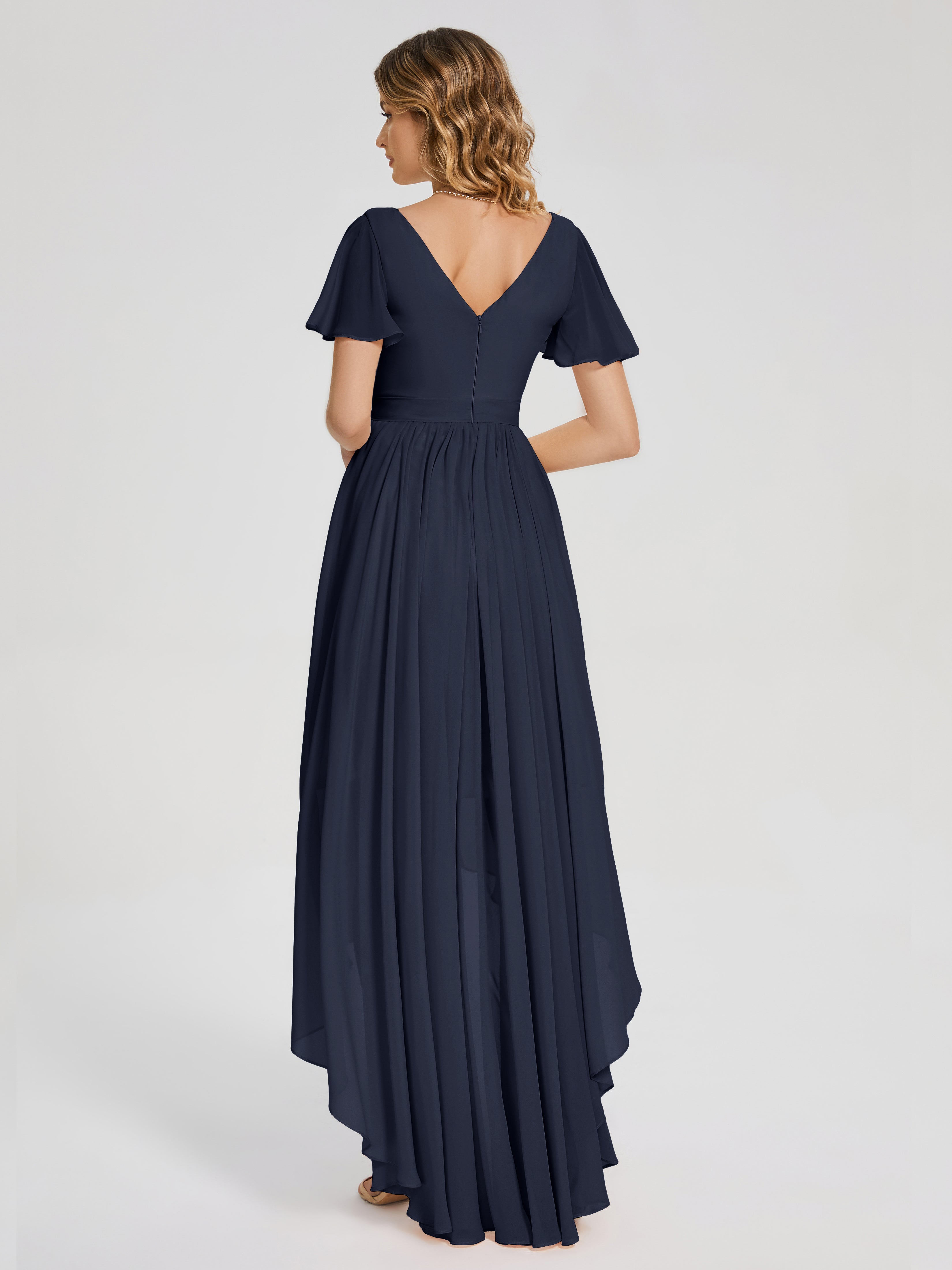 Evangeline High Low Short Sleeves Chiffon Bridesmaid Dress
