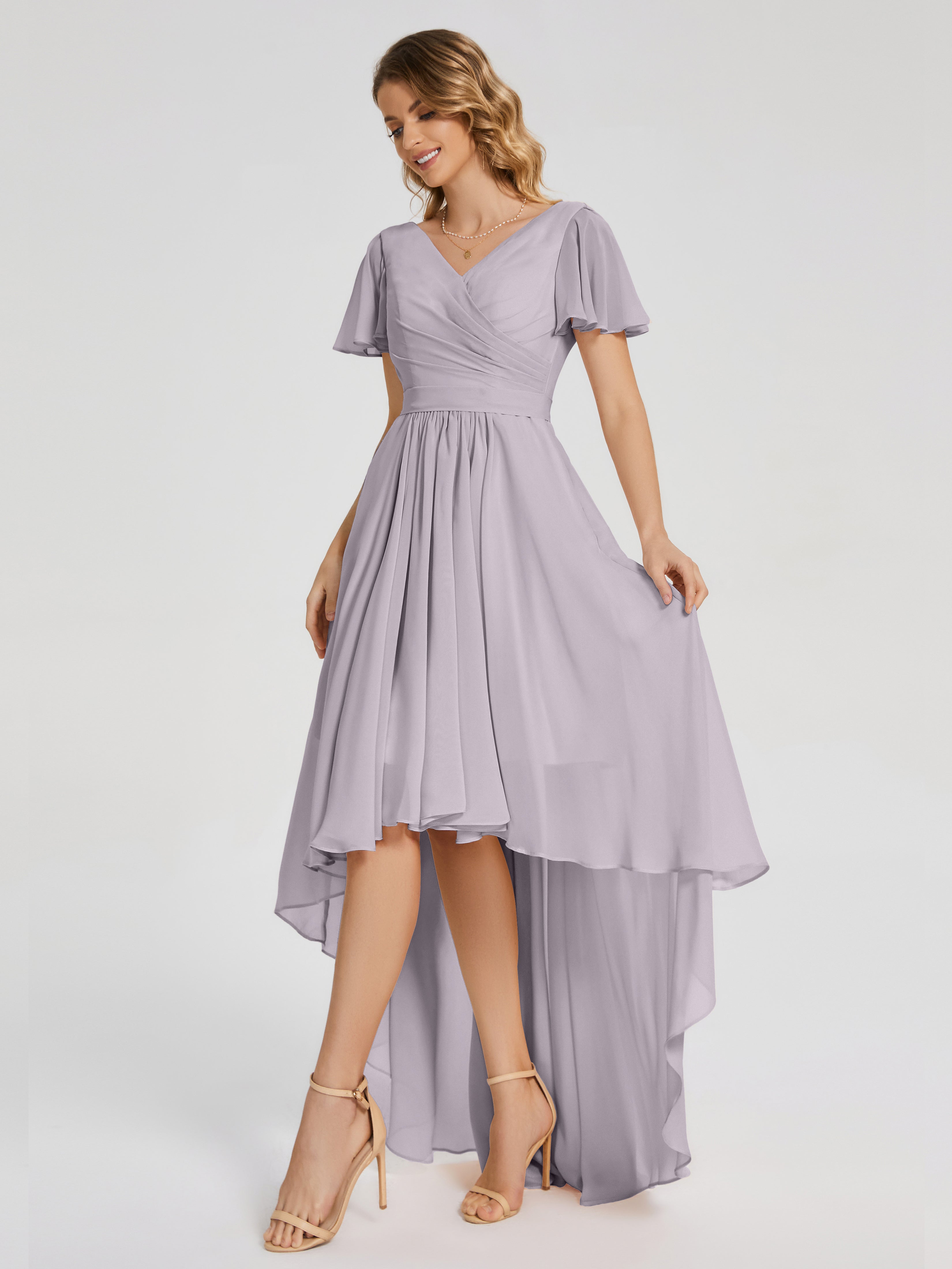 Evangeline High Low Short Sleeves Chiffon Bridesmaid Dress