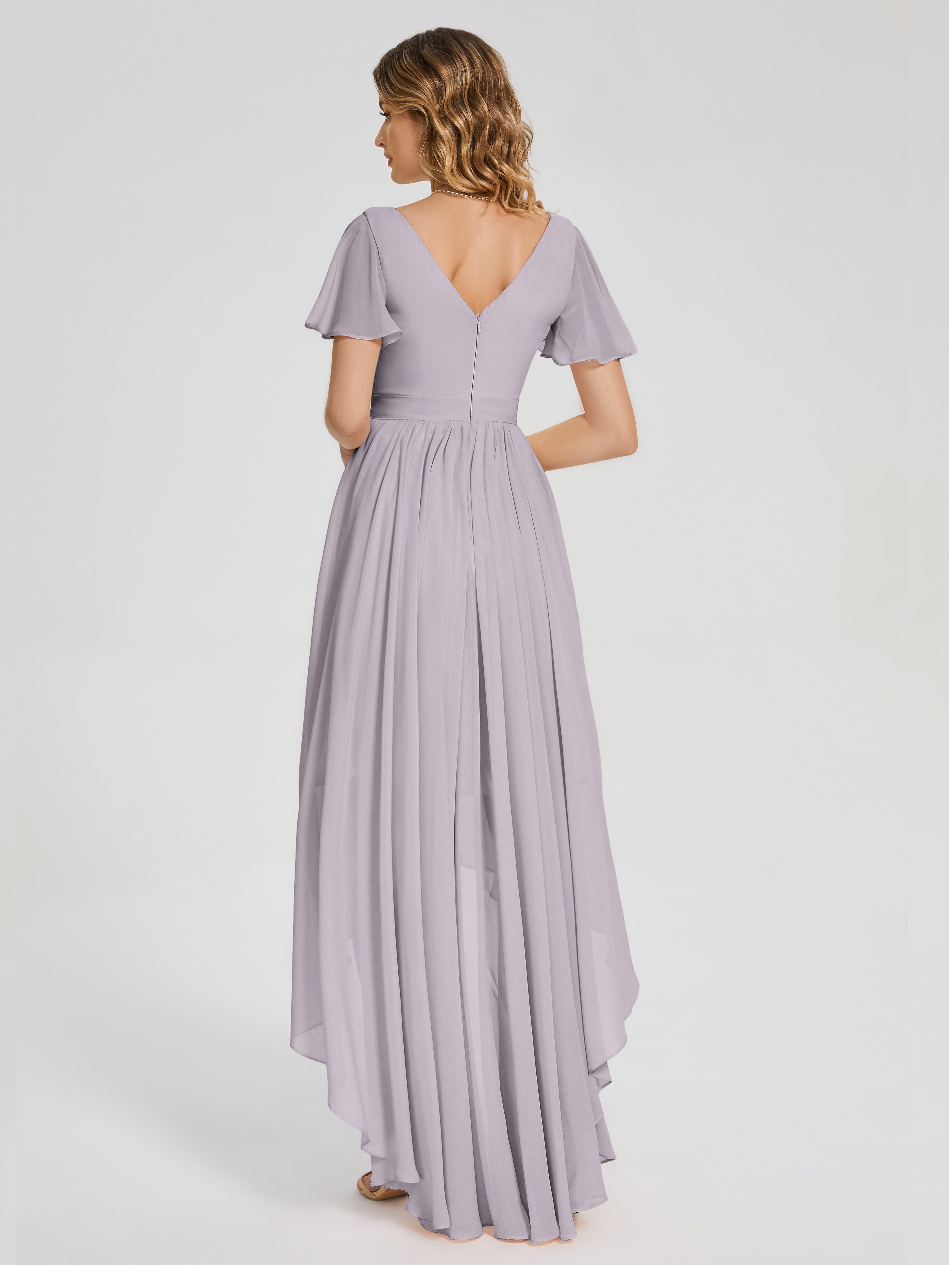 Evangeline High Low Short Sleeves Chiffon Bridesmaid Dress