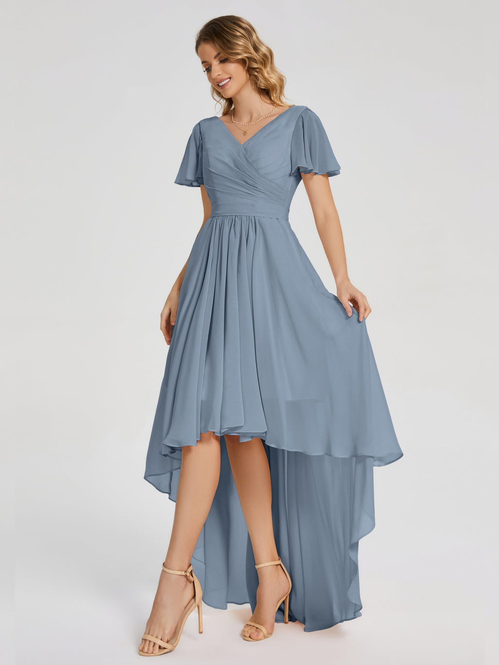 Evangeline High Low Short Sleeves Chiffon Bridesmaid Dress