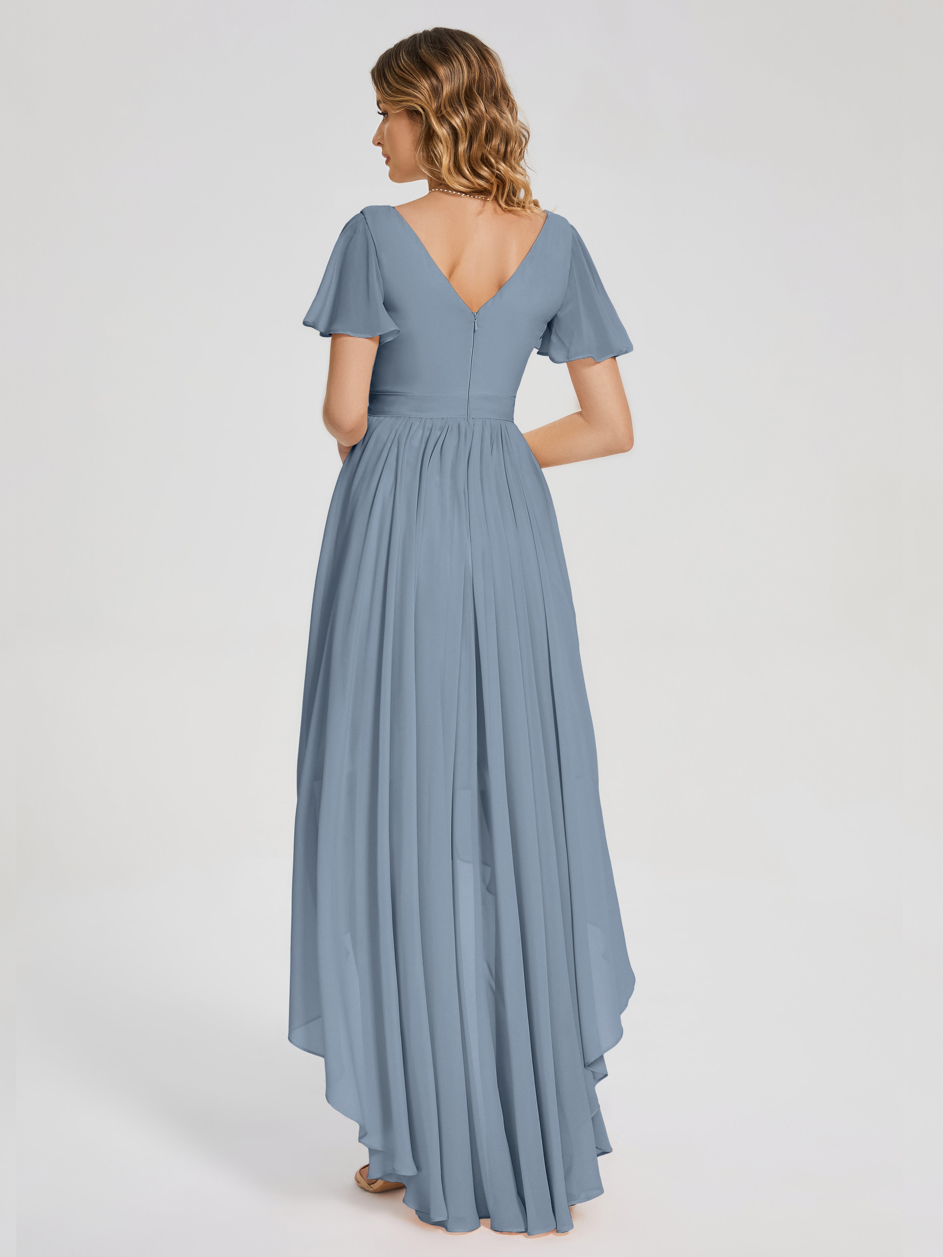 Evangeline High Low Short Sleeves Chiffon Bridesmaid Dress