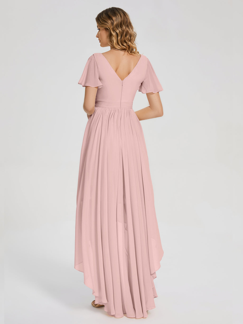 Evangeline High Low Short Sleeves Chiffon Bridesmaid Dress
