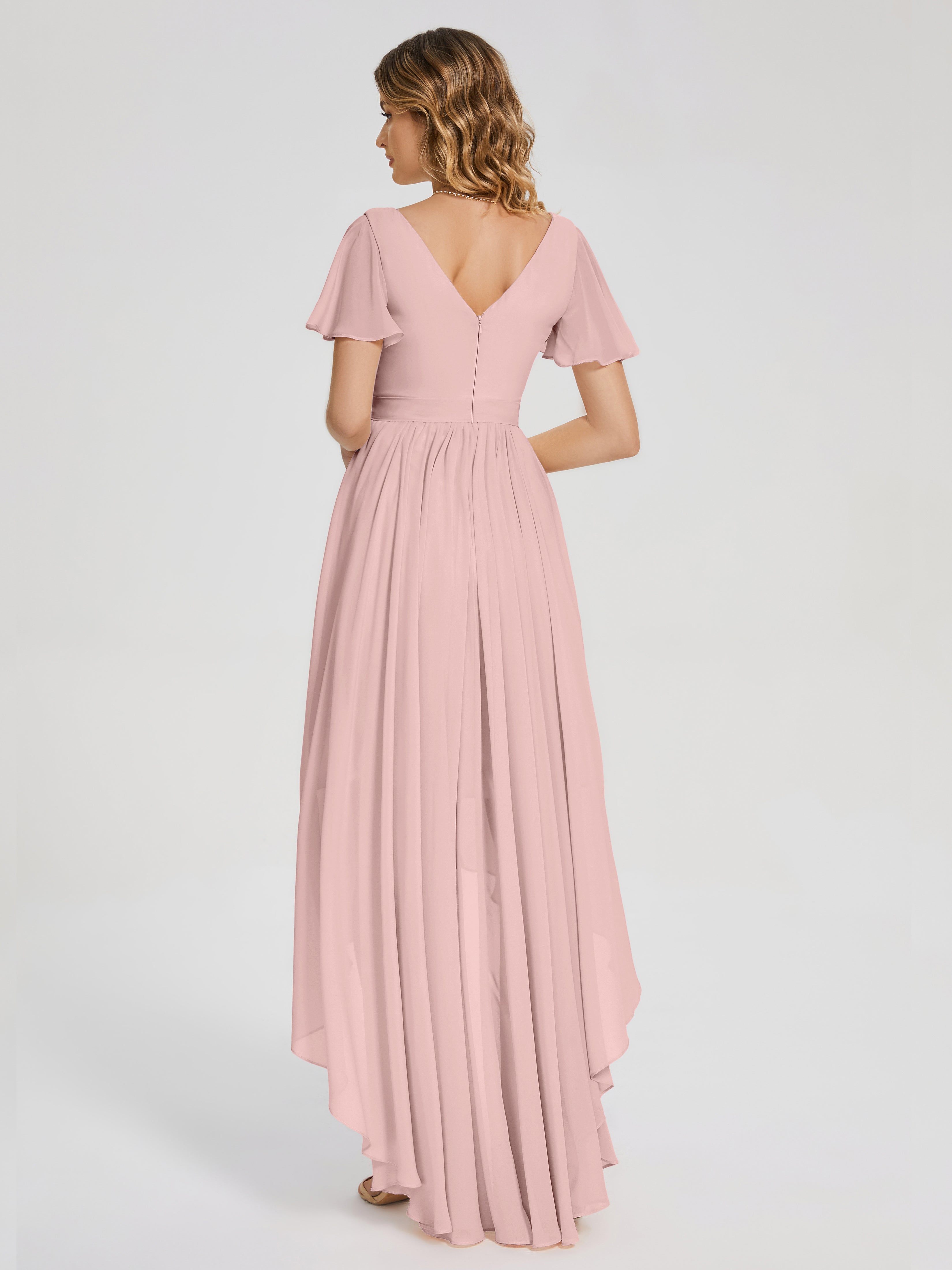 Evangeline High Low Short Sleeves Chiffon Bridesmaid Dress