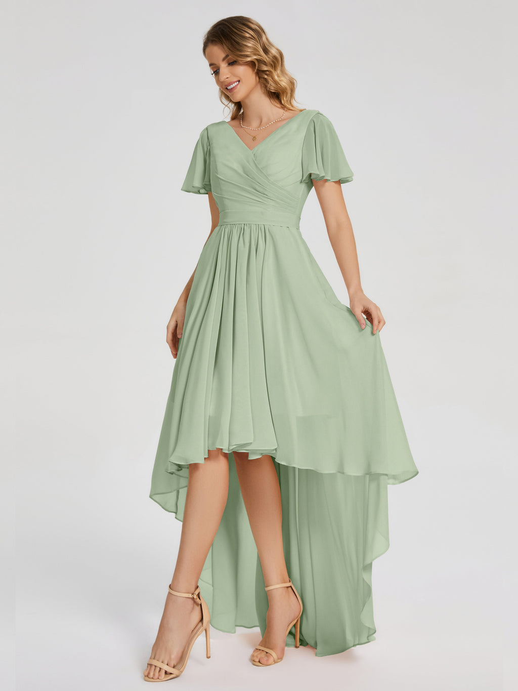 Evangeline High Low Short Sleeves Chiffon Bridesmaid Dress