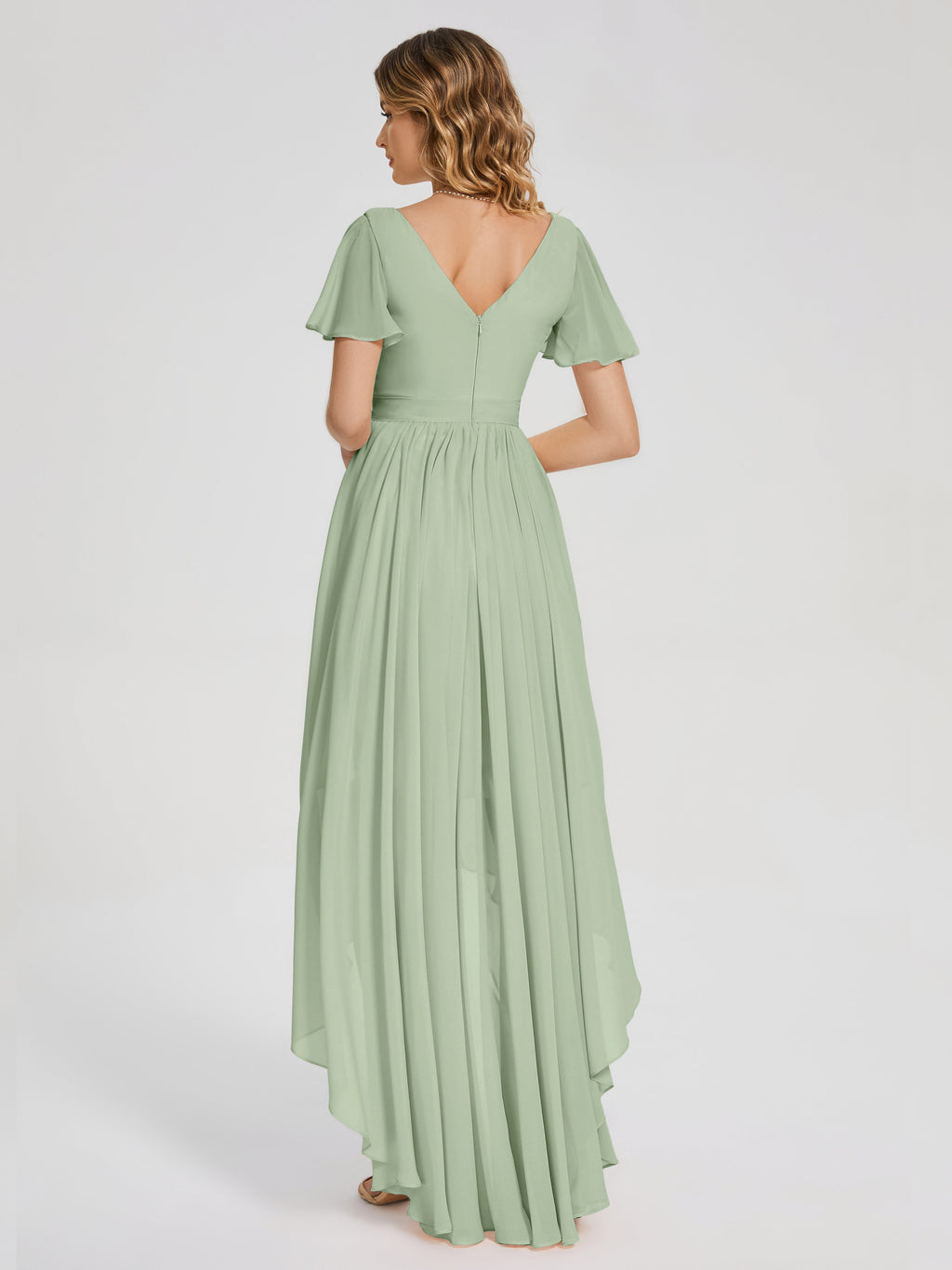 Evangeline High Low Short Sleeves Chiffon Bridesmaid Dress
