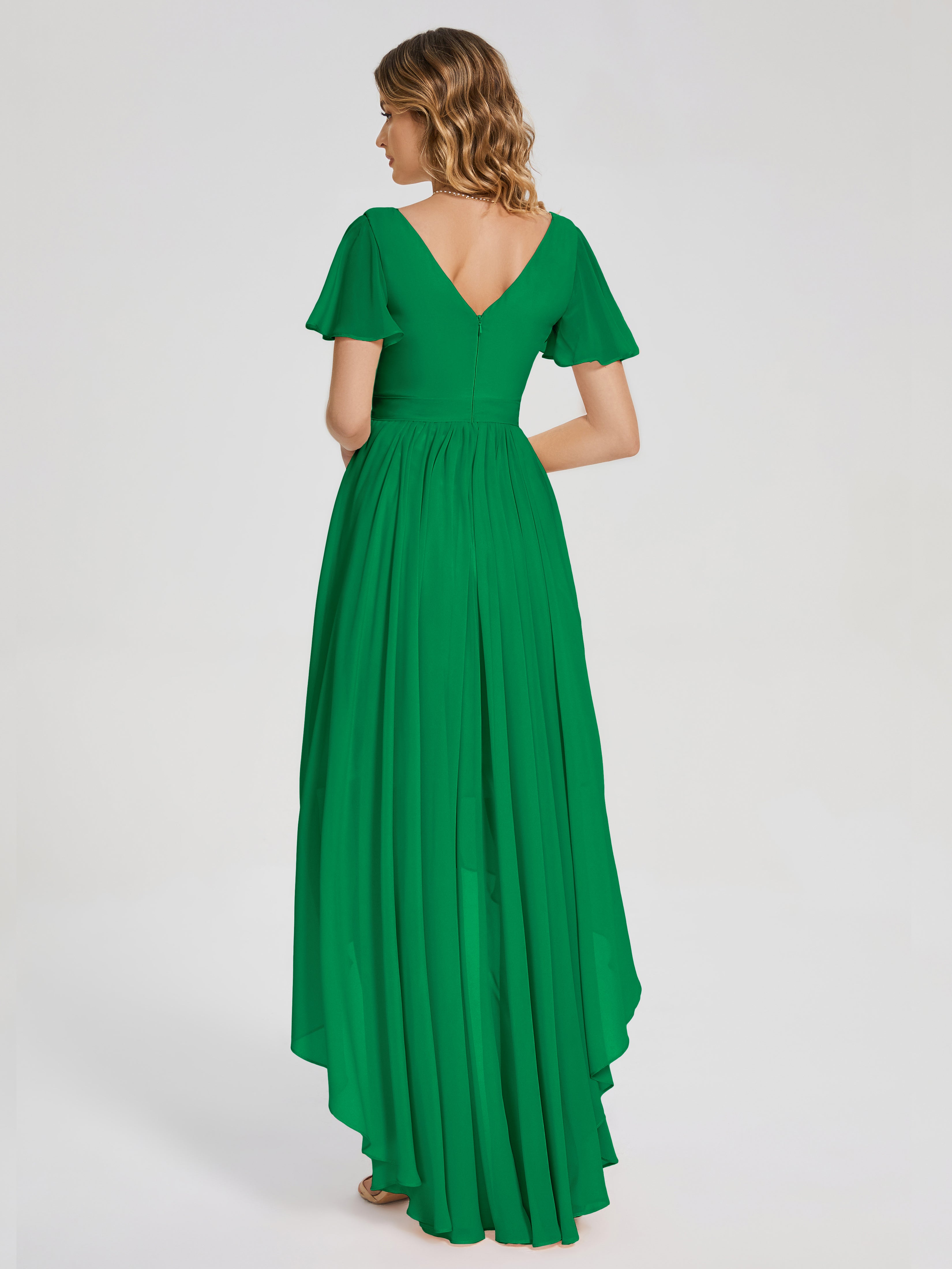 Evangeline High Low Short Sleeves Chiffon Bridesmaid Dress