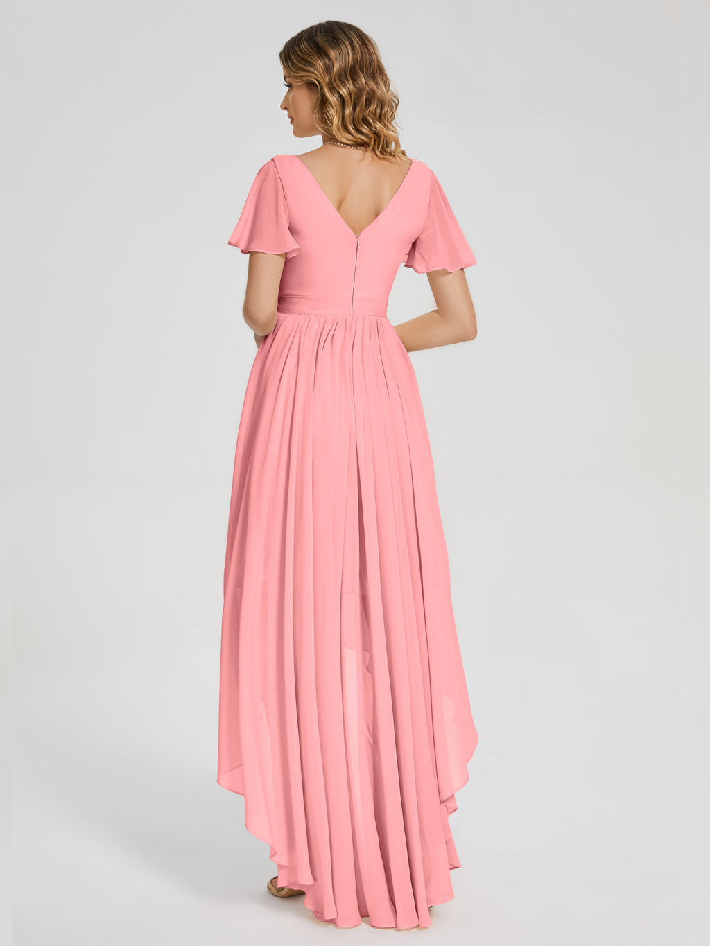 Evangeline High Low Short Sleeves Chiffon Bridesmaid Dress