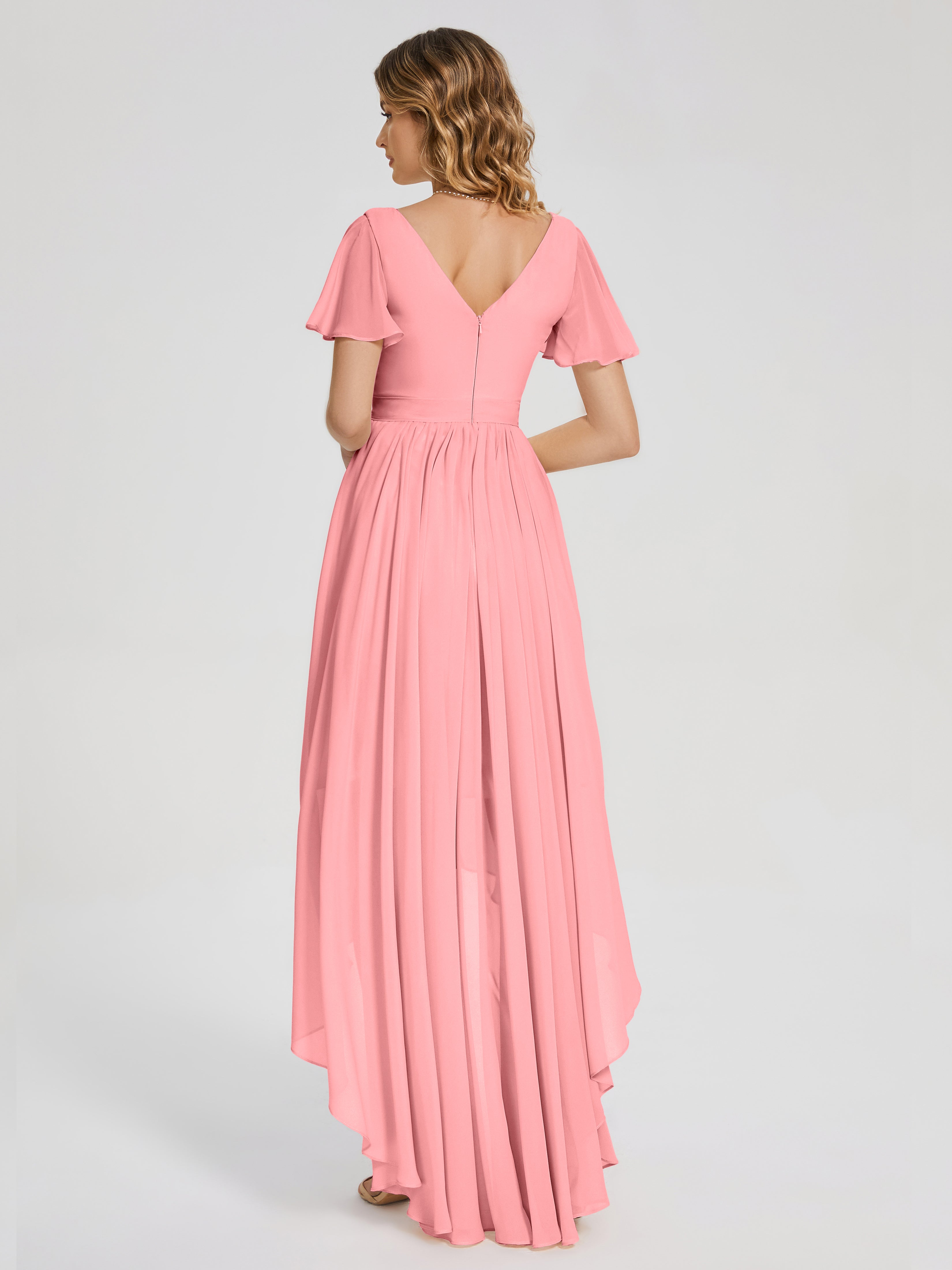 Evangeline High Low Short Sleeves Chiffon Bridesmaid Dress