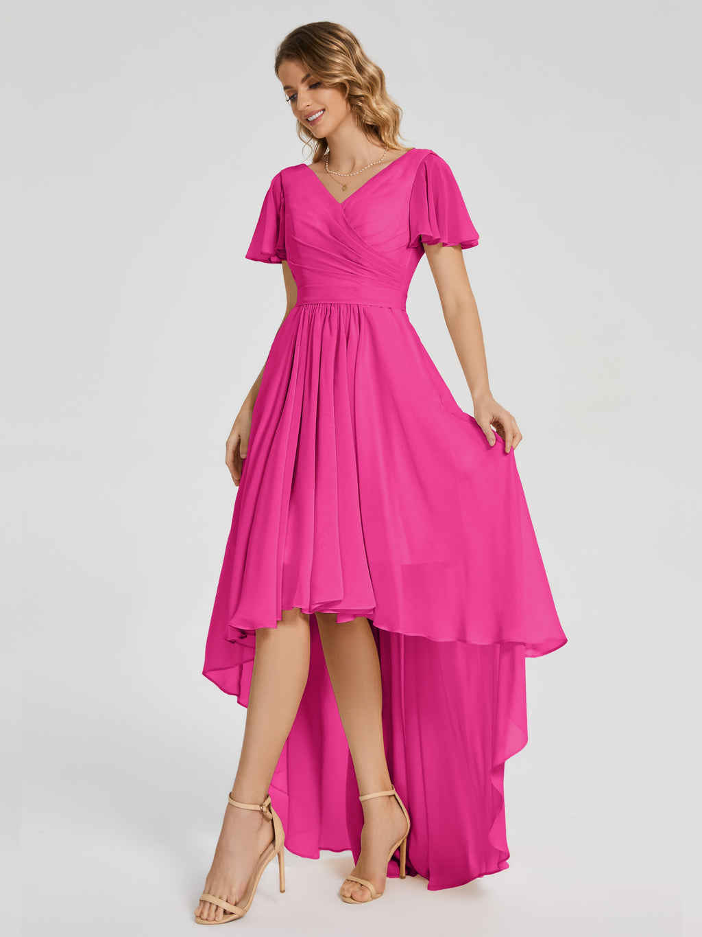 Evangeline High Low Short Sleeves Chiffon Bridesmaid Dress