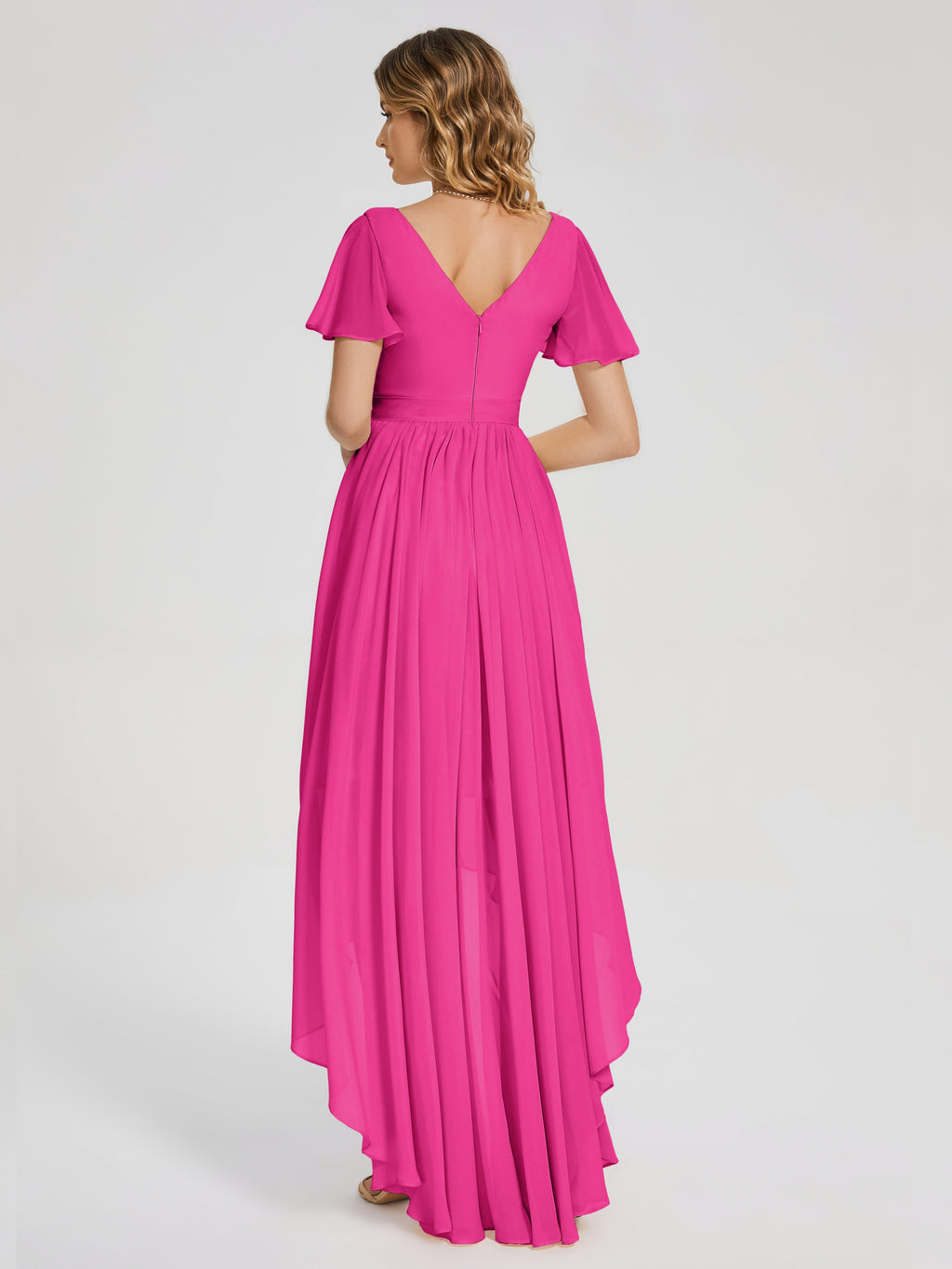 Evangeline High Low Short Sleeves Chiffon Bridesmaid Dress