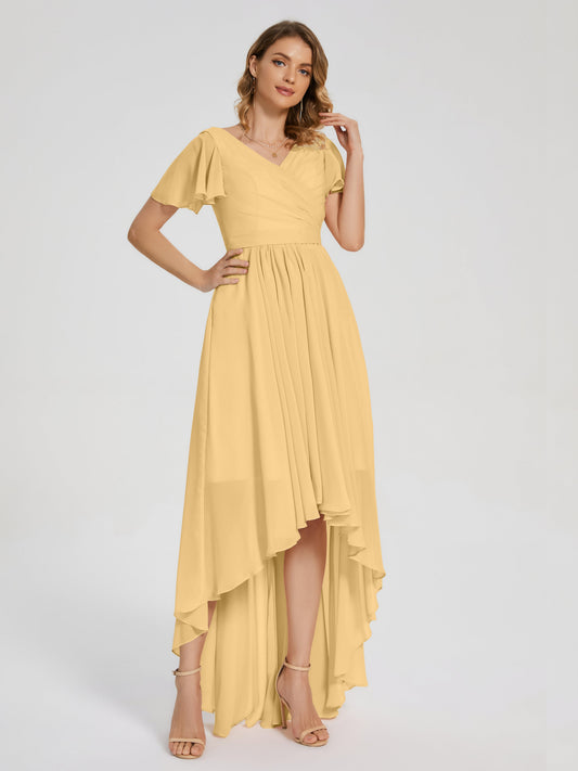 Evangeline High Low Short Sleeves Chiffon Bridesmaid Dress
