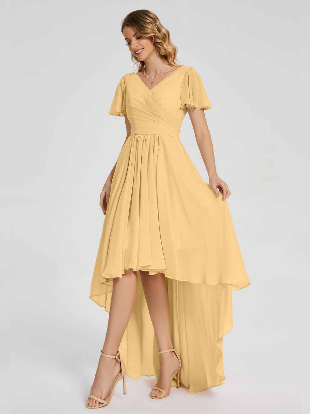 Evangeline High Low Short Sleeves Chiffon Bridesmaid Dress