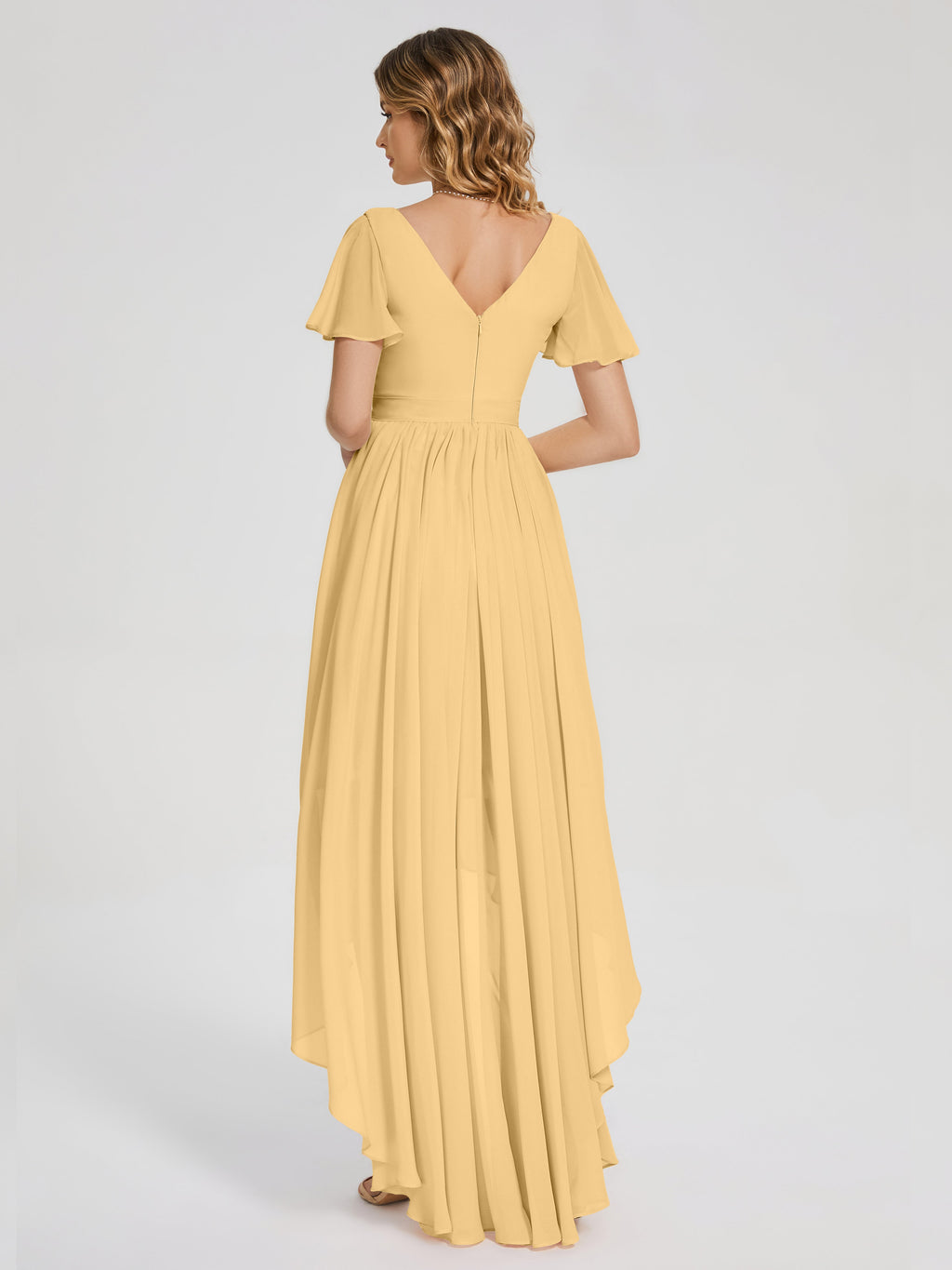 Evangeline High Low Short Sleeves Chiffon Bridesmaid Dress