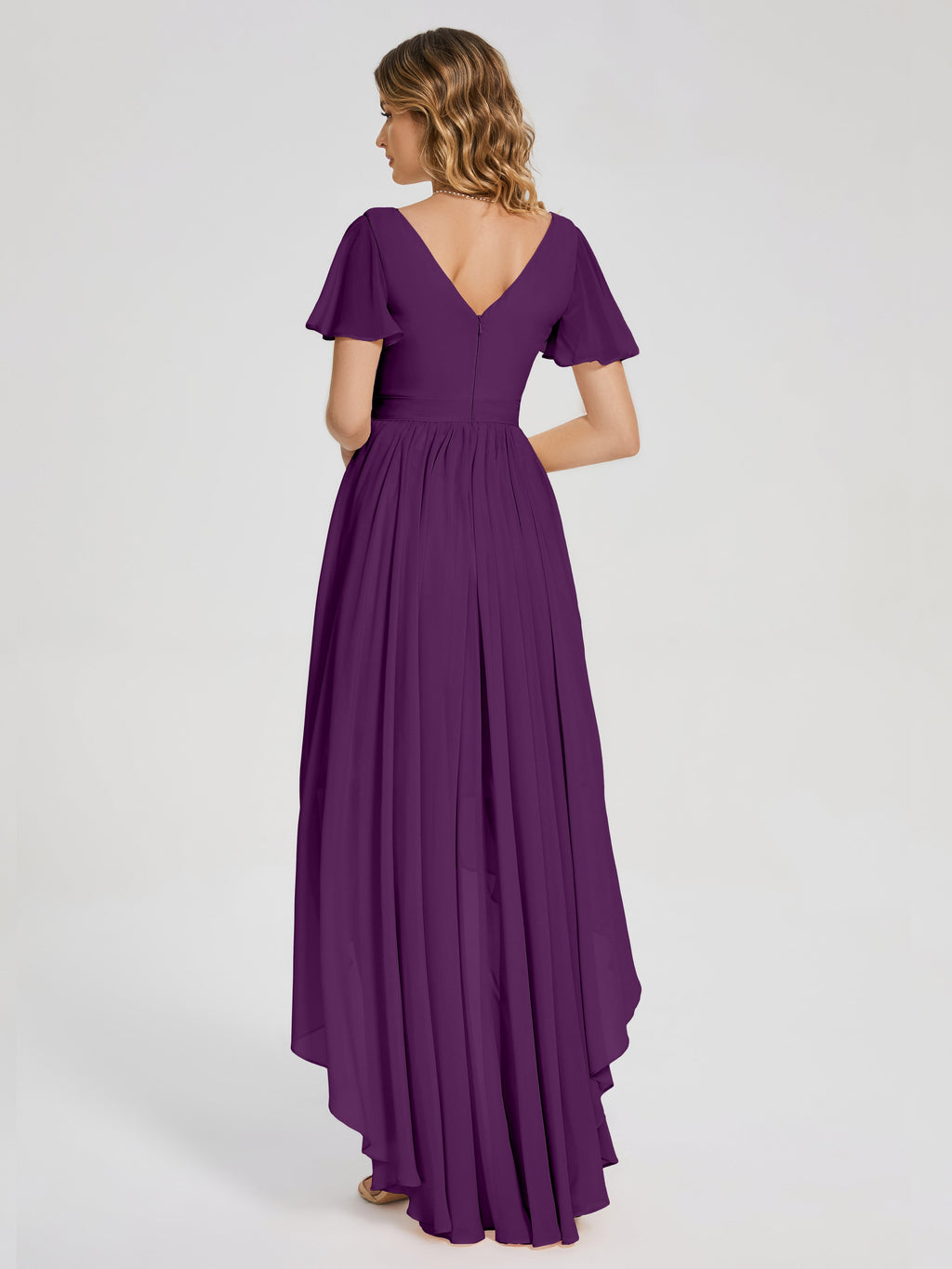 Evangeline High Low Short Sleeves Chiffon Bridesmaid Dress