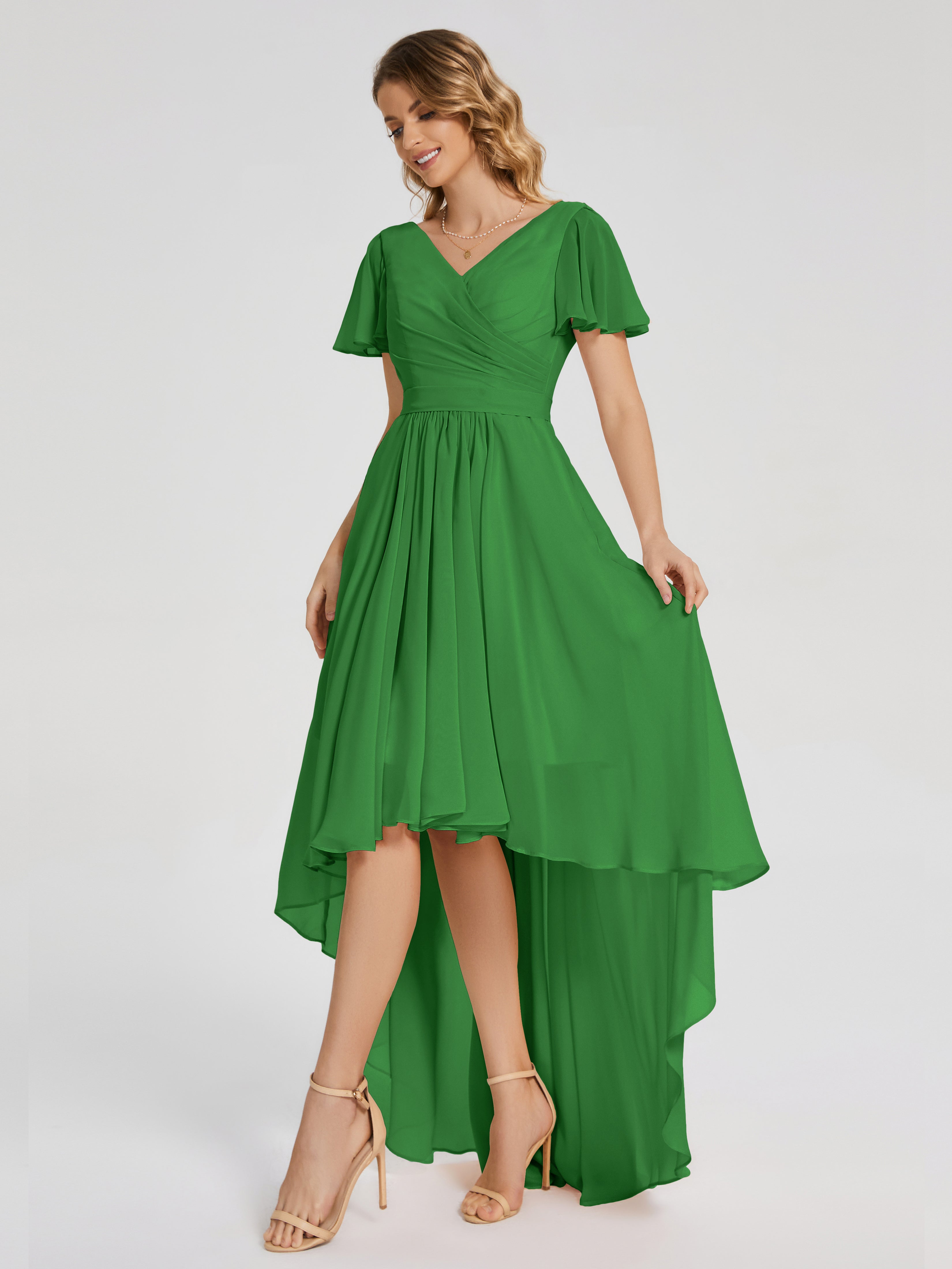 Evangeline High Low Short Sleeves Chiffon Bridesmaid Dress