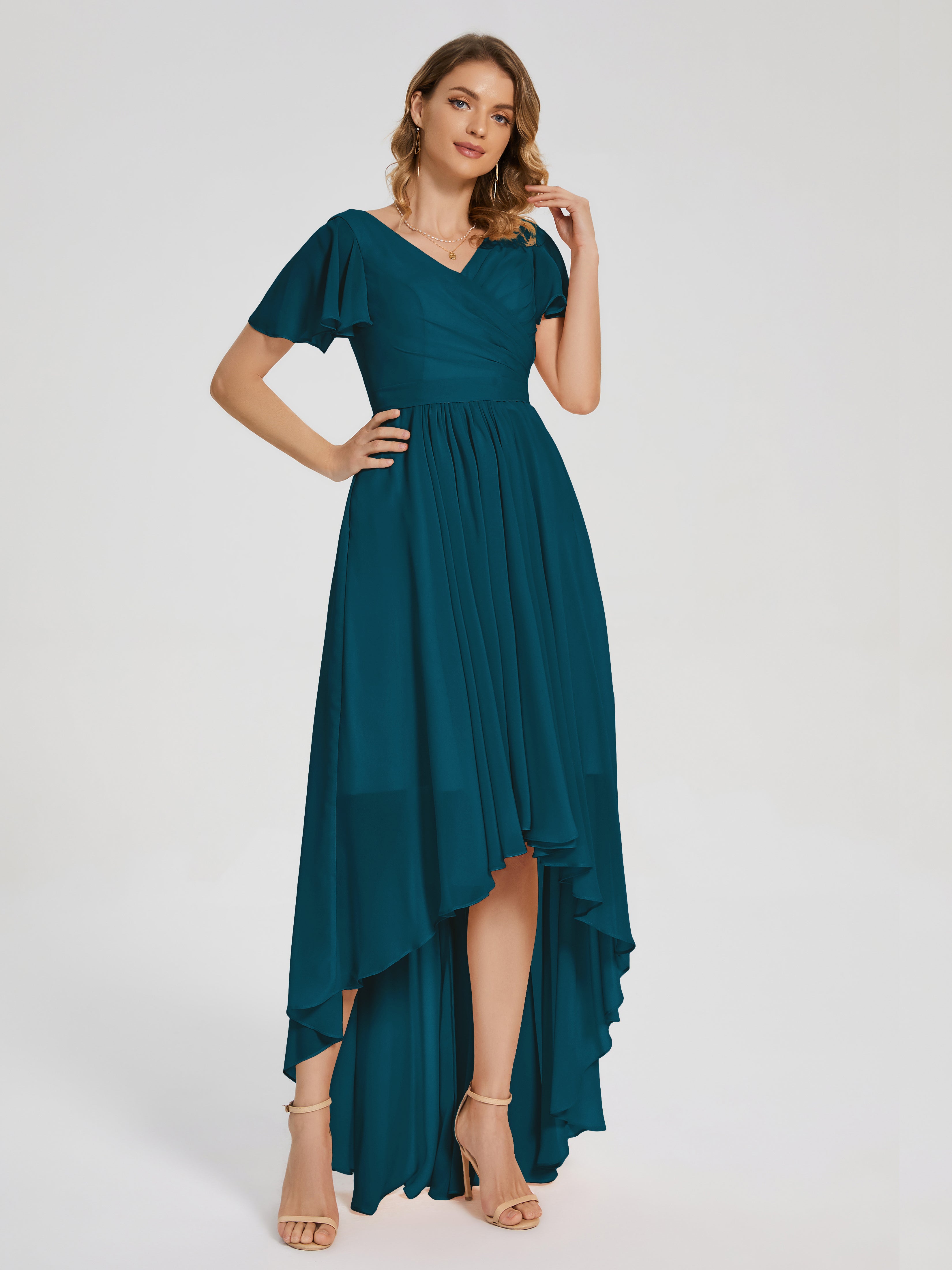 Evangeline High Low Short Sleeves Chiffon Bridesmaid Dress