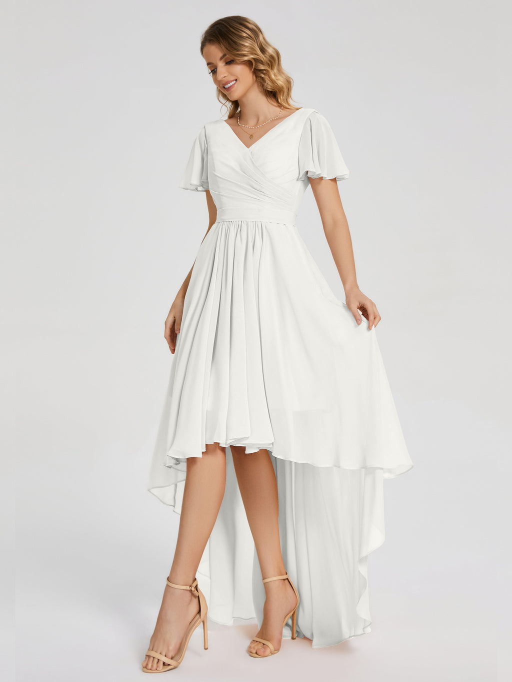 Evangeline High Low Short Sleeves Chiffon Bridesmaid Dress