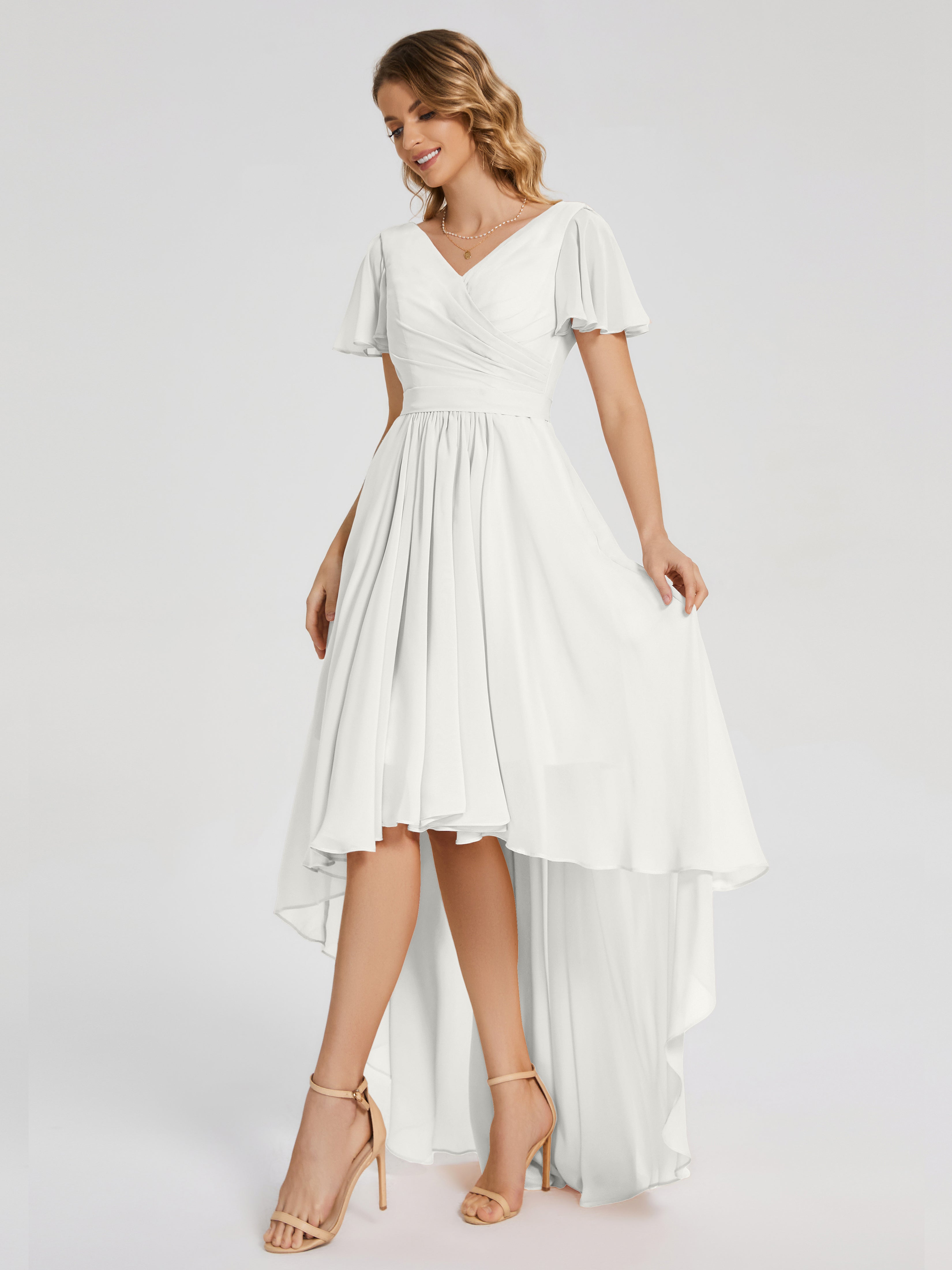 Evangeline High Low Short Sleeves Chiffon Bridesmaid Dress