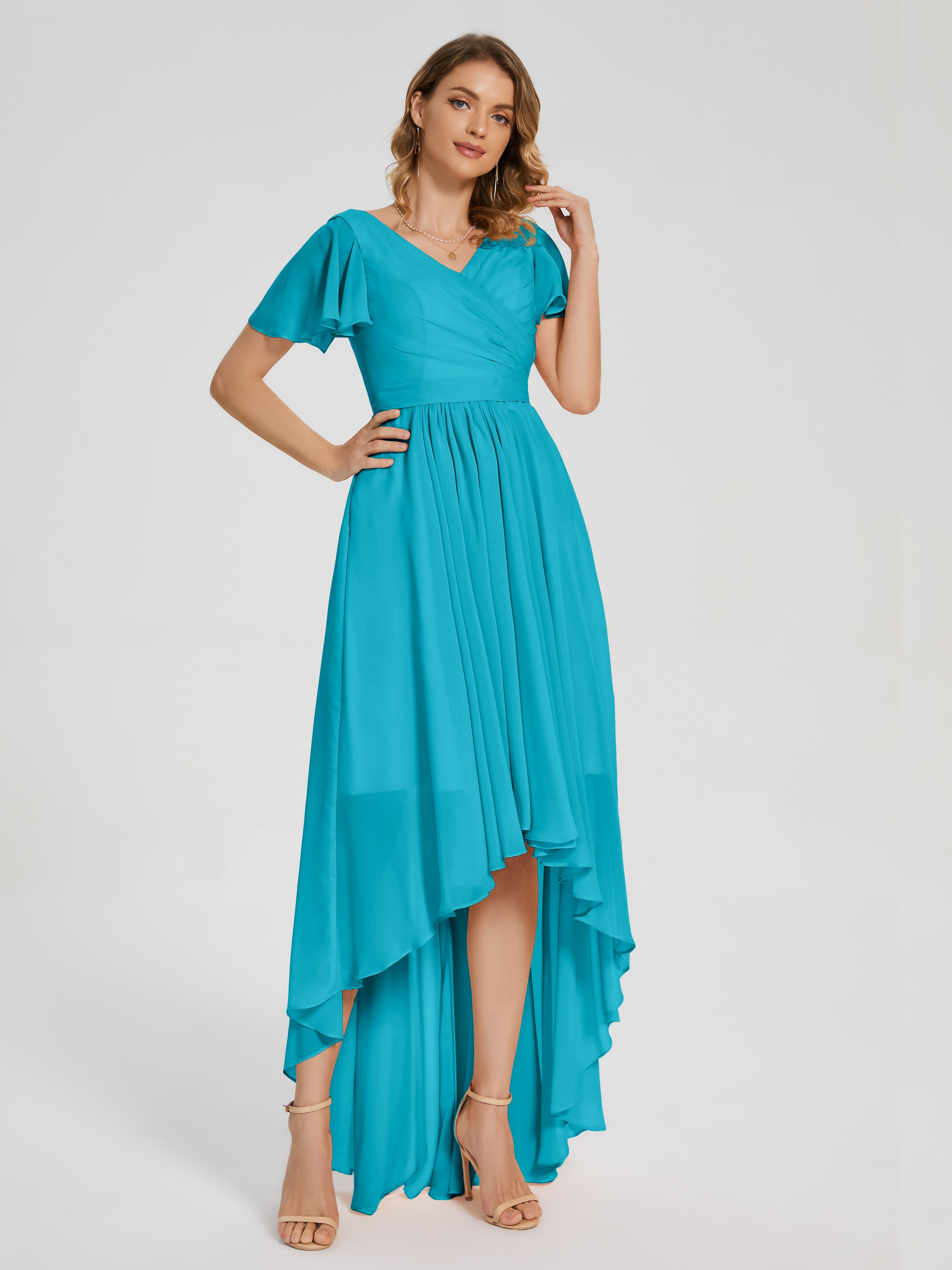 Evangeline High Low Short Sleeves Chiffon Bridesmaid Dress