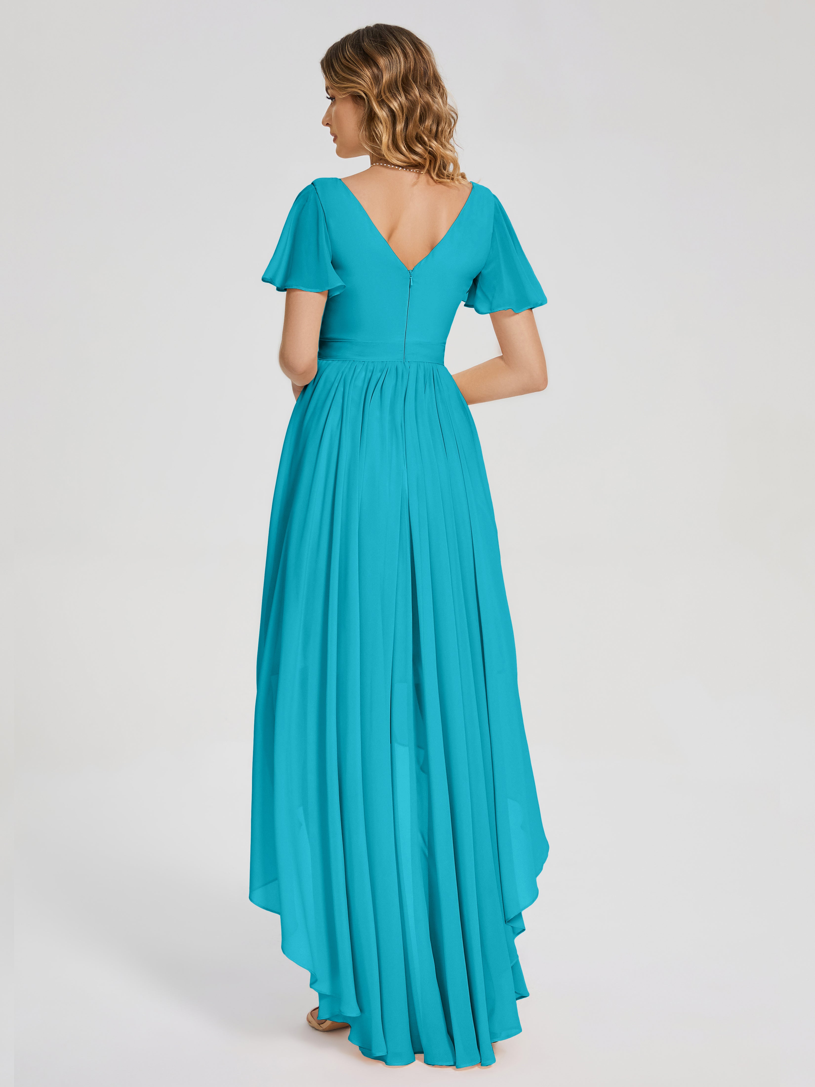 Evangeline High Low Short Sleeves Chiffon Bridesmaid Dress