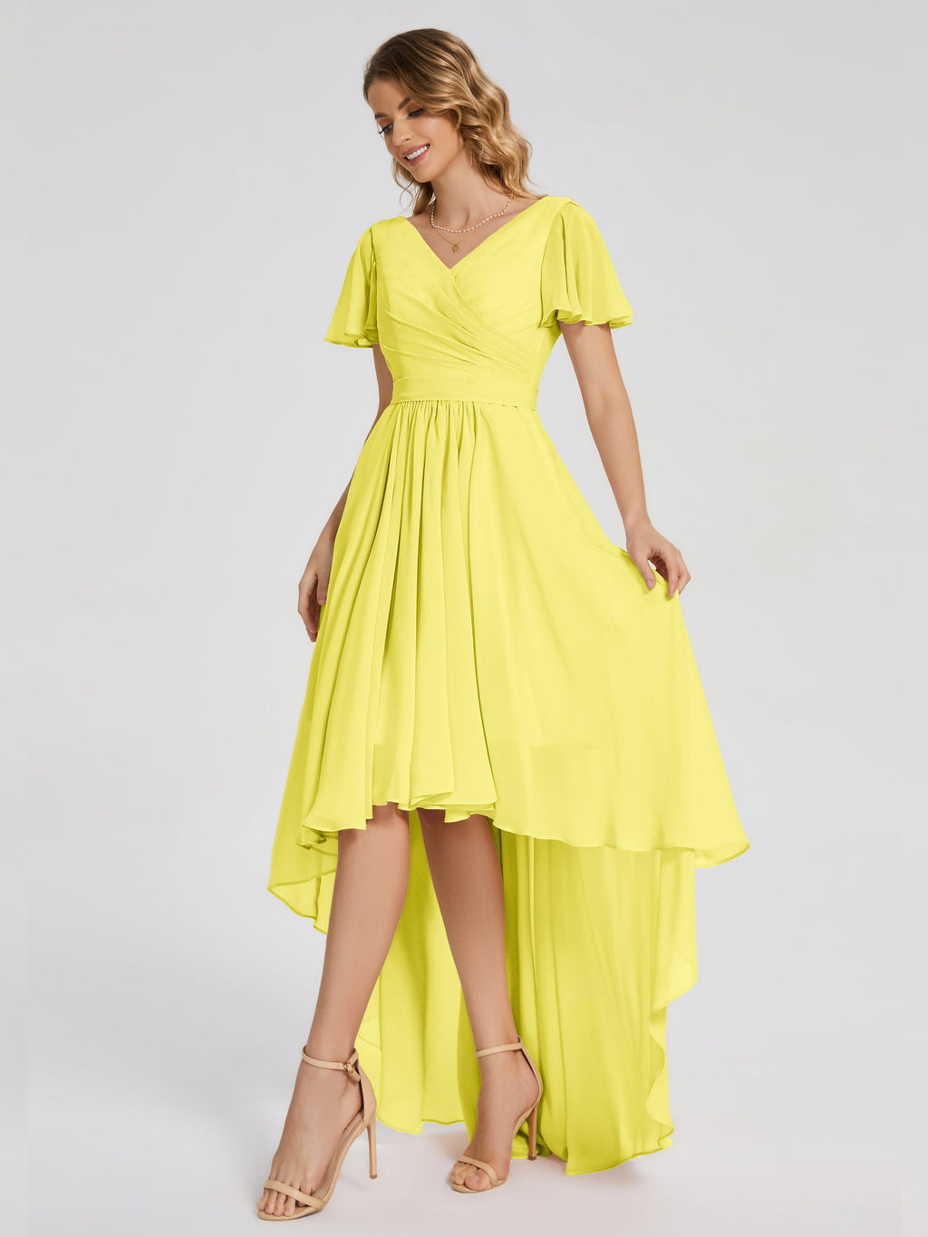 Evangeline High Low Short Sleeves Chiffon Bridesmaid Dress