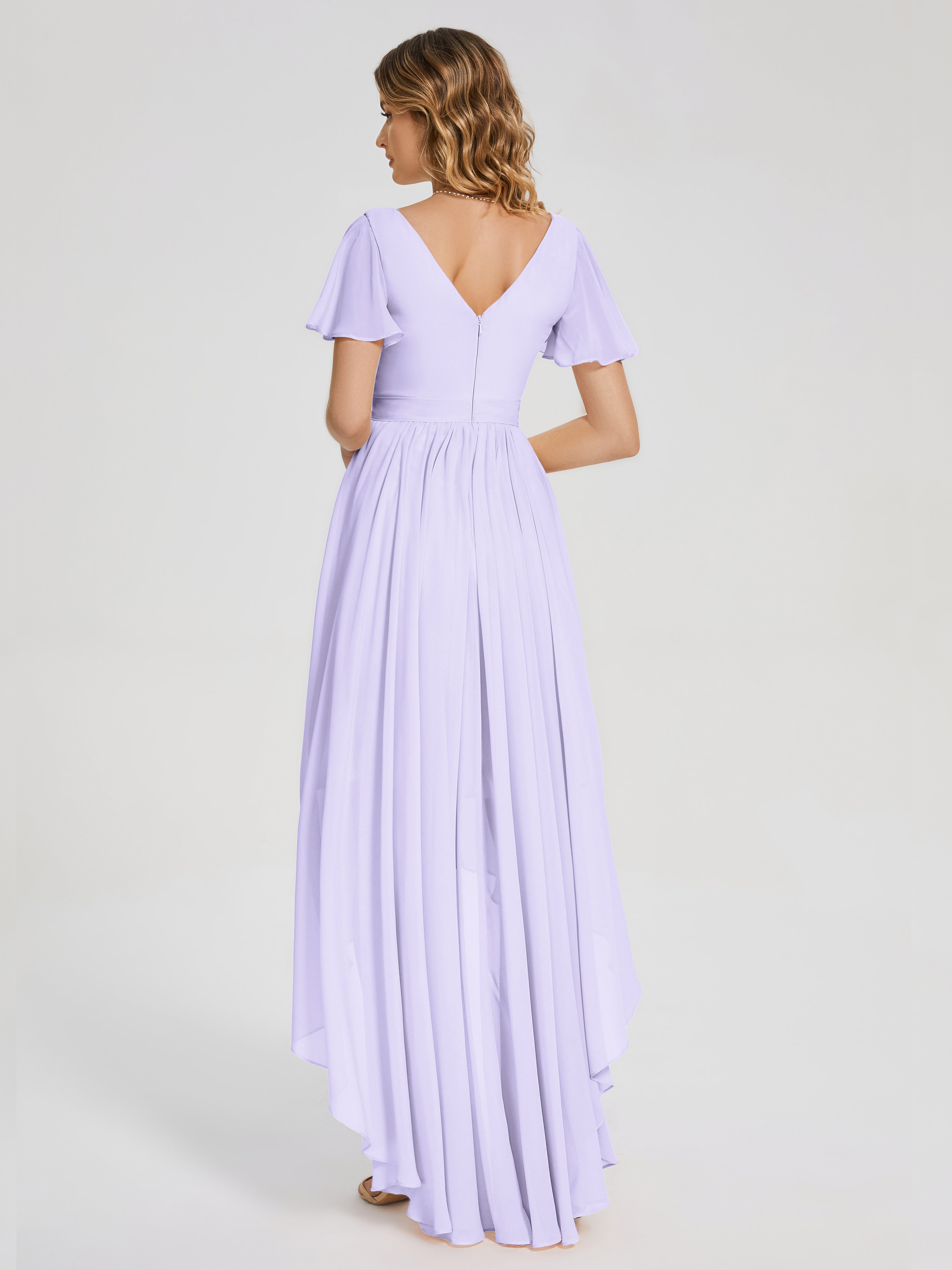 Evangeline High Low Short Sleeves Chiffon Bridesmaid Dress
