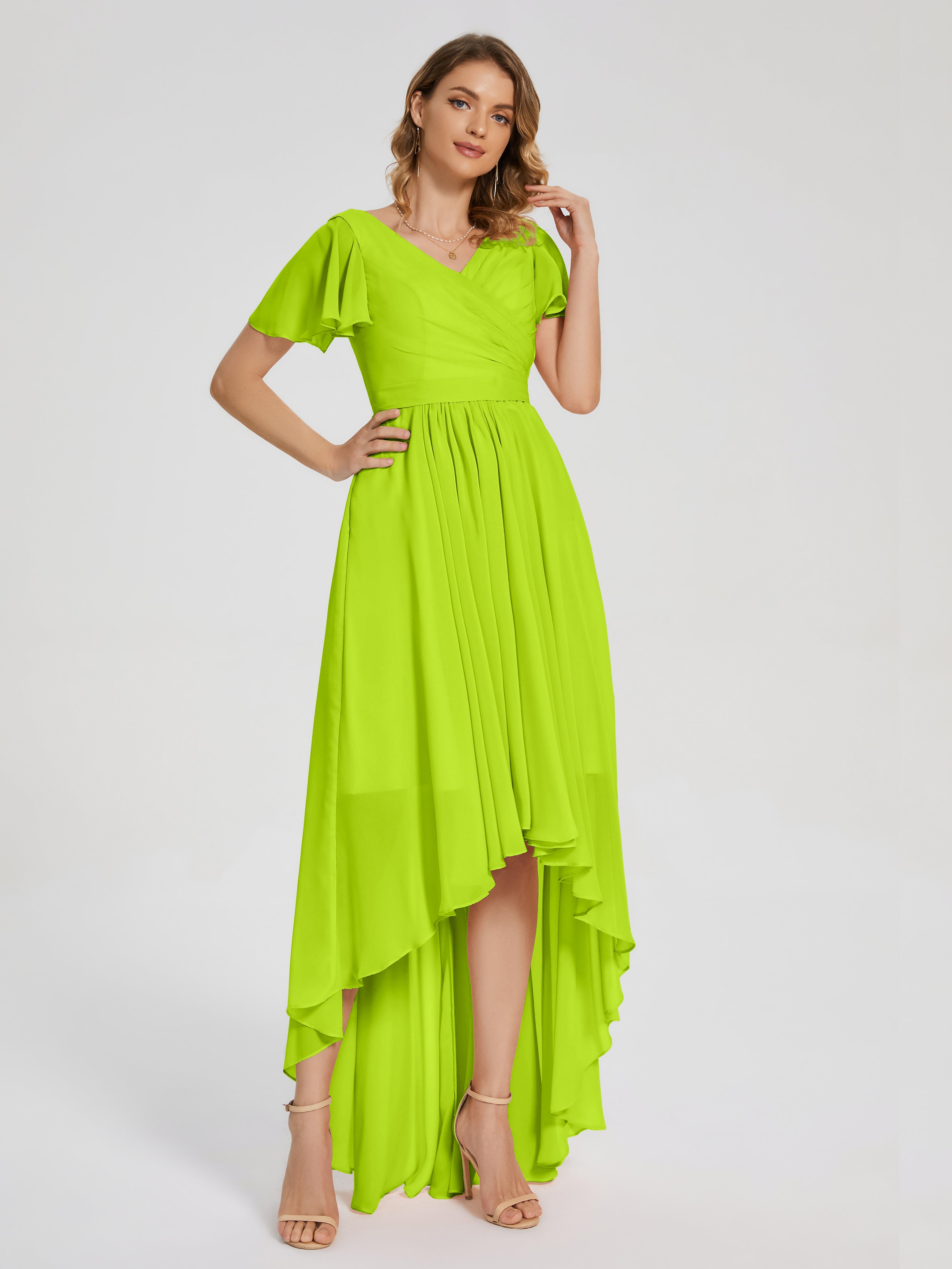 Evangeline High Low Short Sleeves Chiffon Bridesmaid Dress
