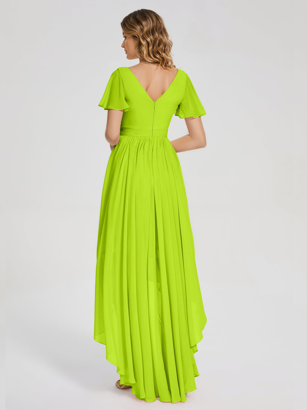 Evangeline High Low Short Sleeves Chiffon Bridesmaid Dress