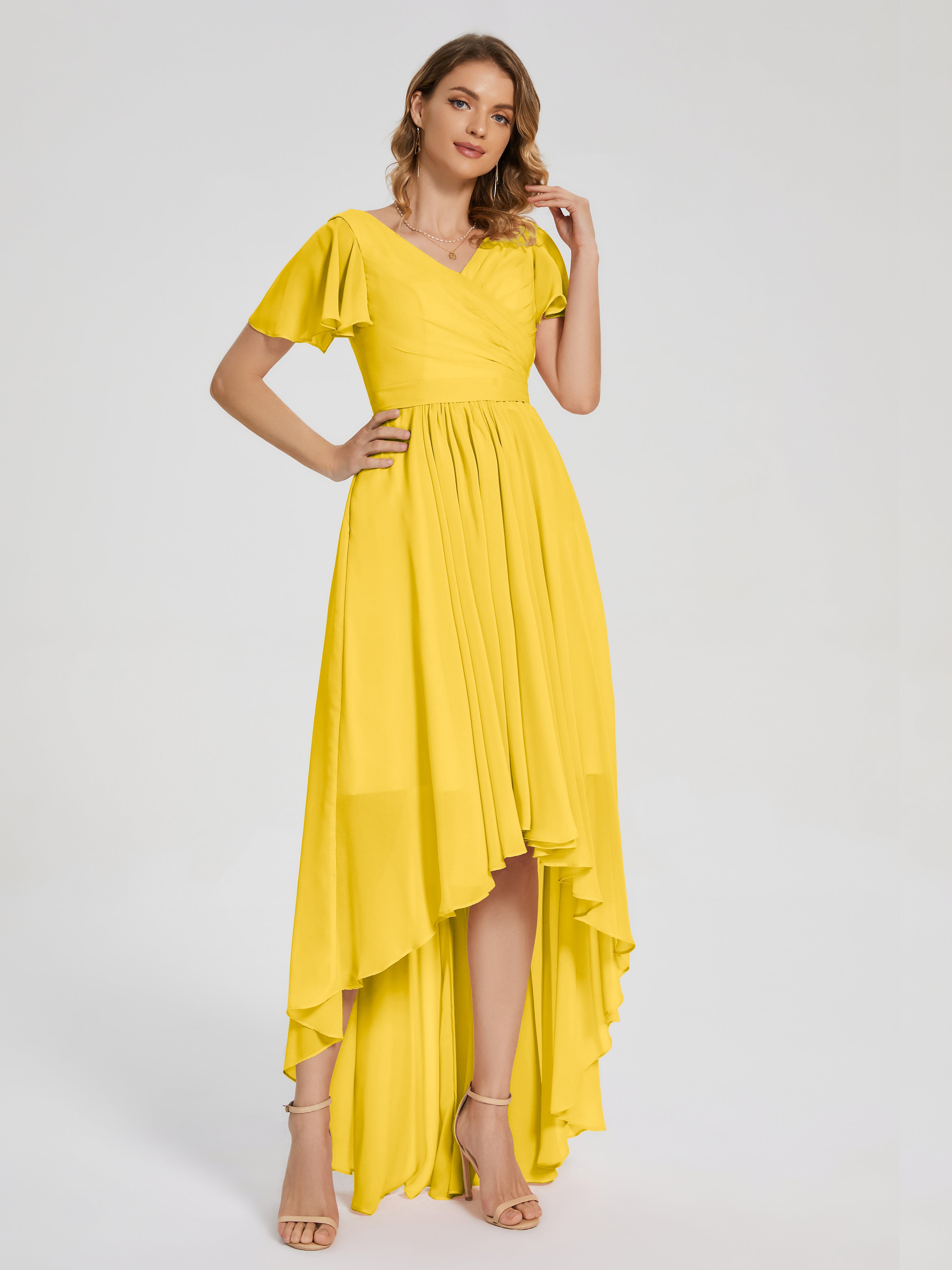 Evangeline High Low Short Sleeves Chiffon Bridesmaid Dress