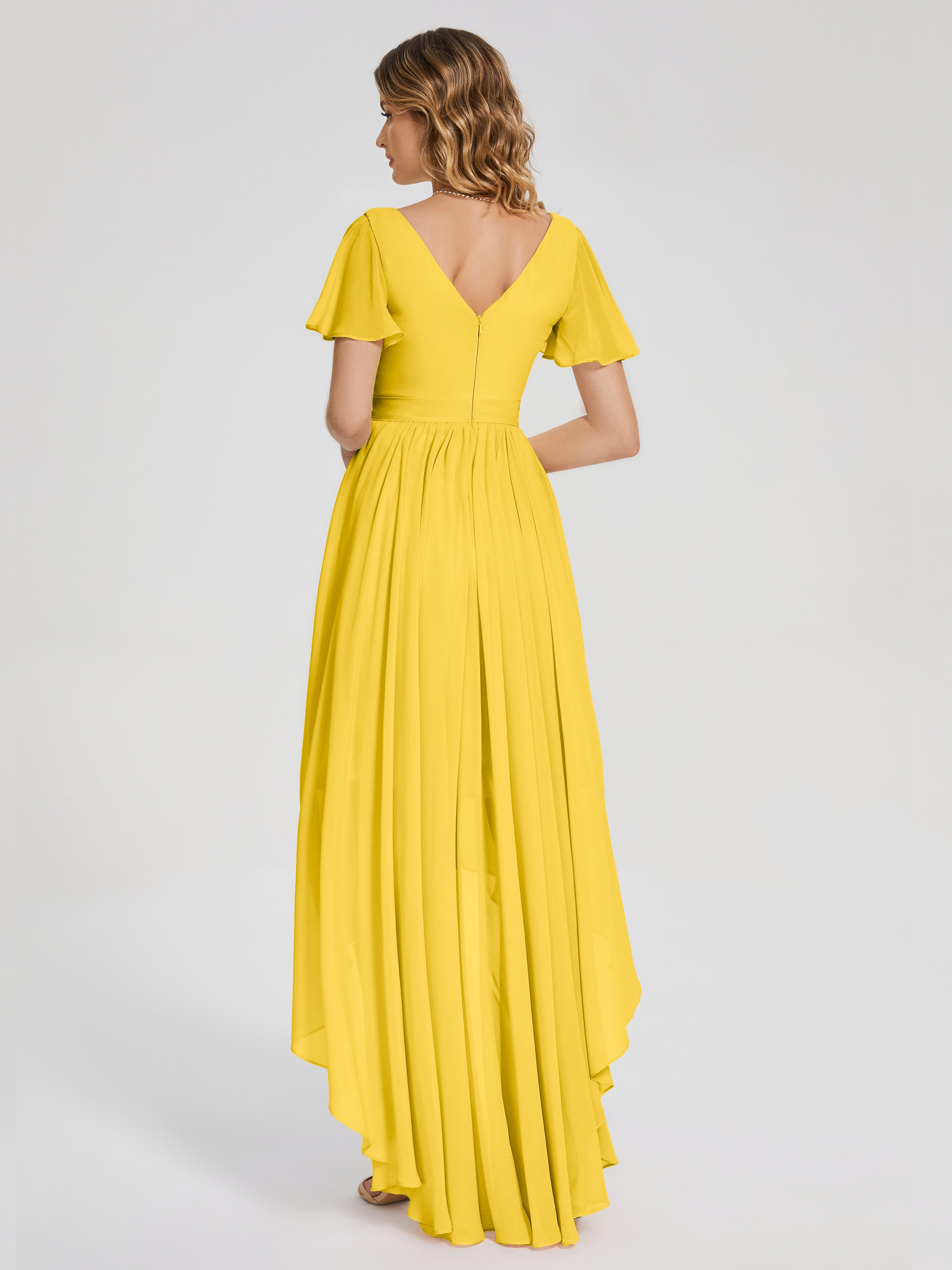 Evangeline High Low Short Sleeves Chiffon Bridesmaid Dress