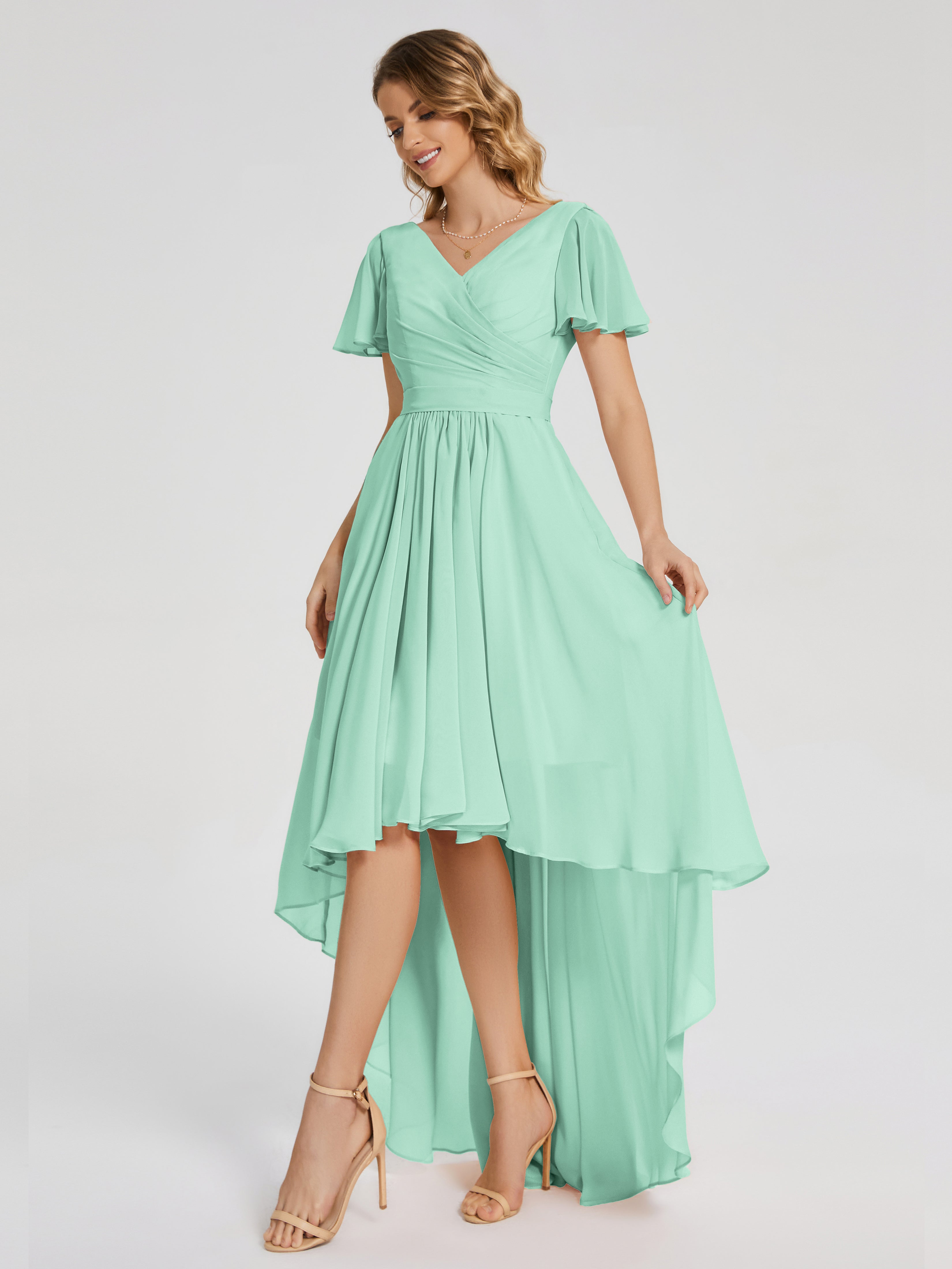 Evangeline High Low Short Sleeves Chiffon Bridesmaid Dress
