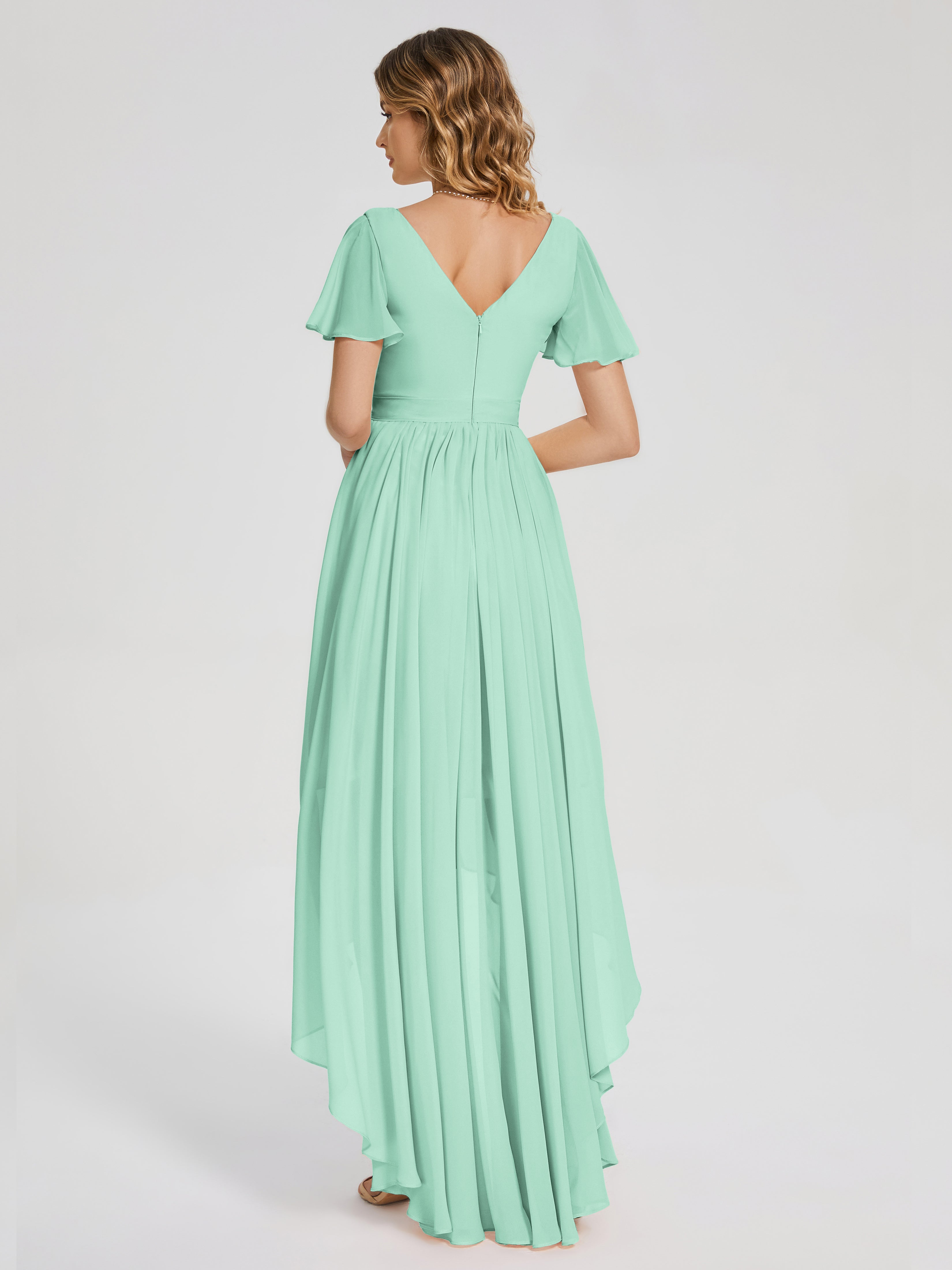 Evangeline High Low Short Sleeves Chiffon Bridesmaid Dress