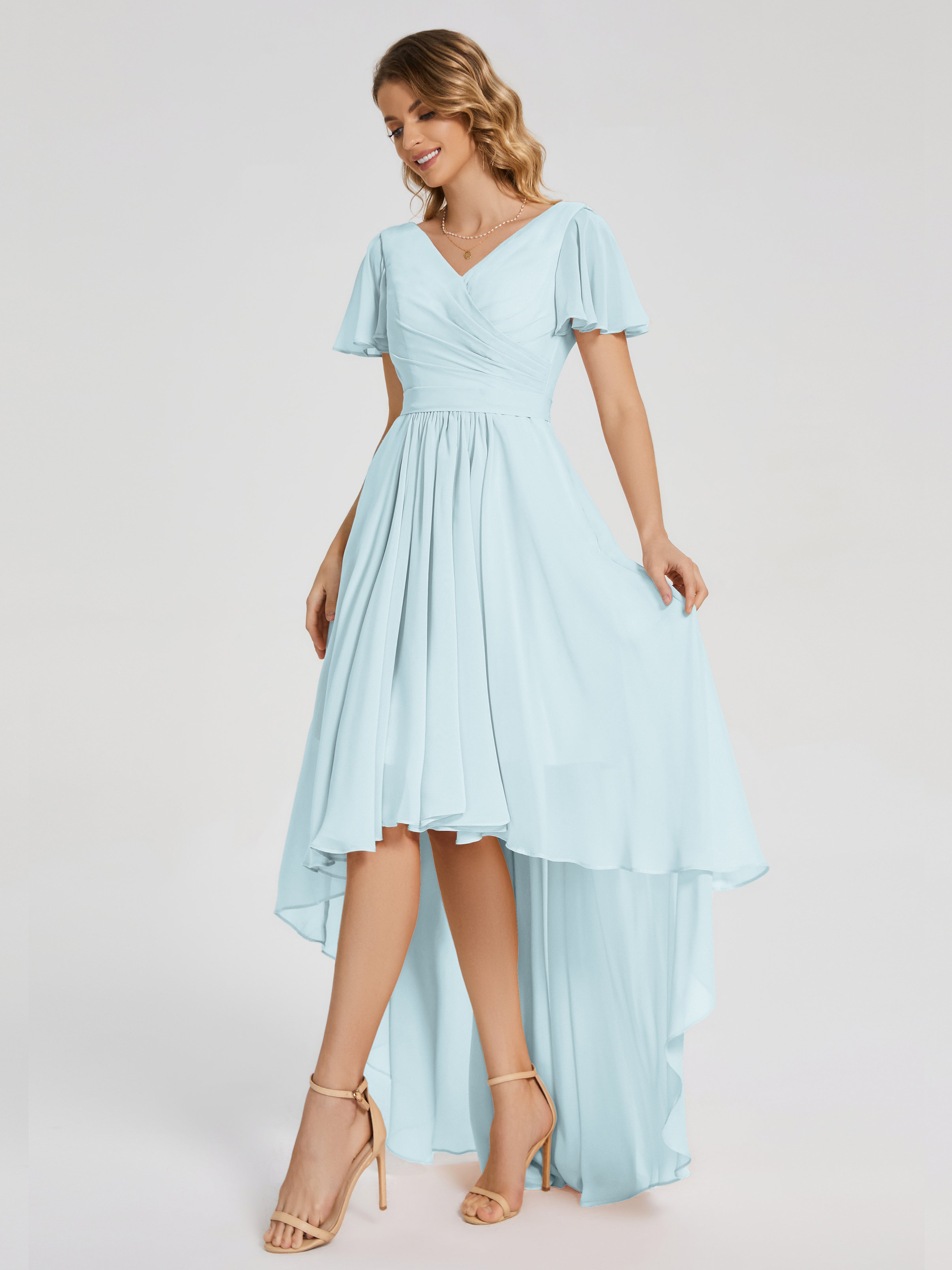 Evangeline High Low Short Sleeves Chiffon Bridesmaid Dress
