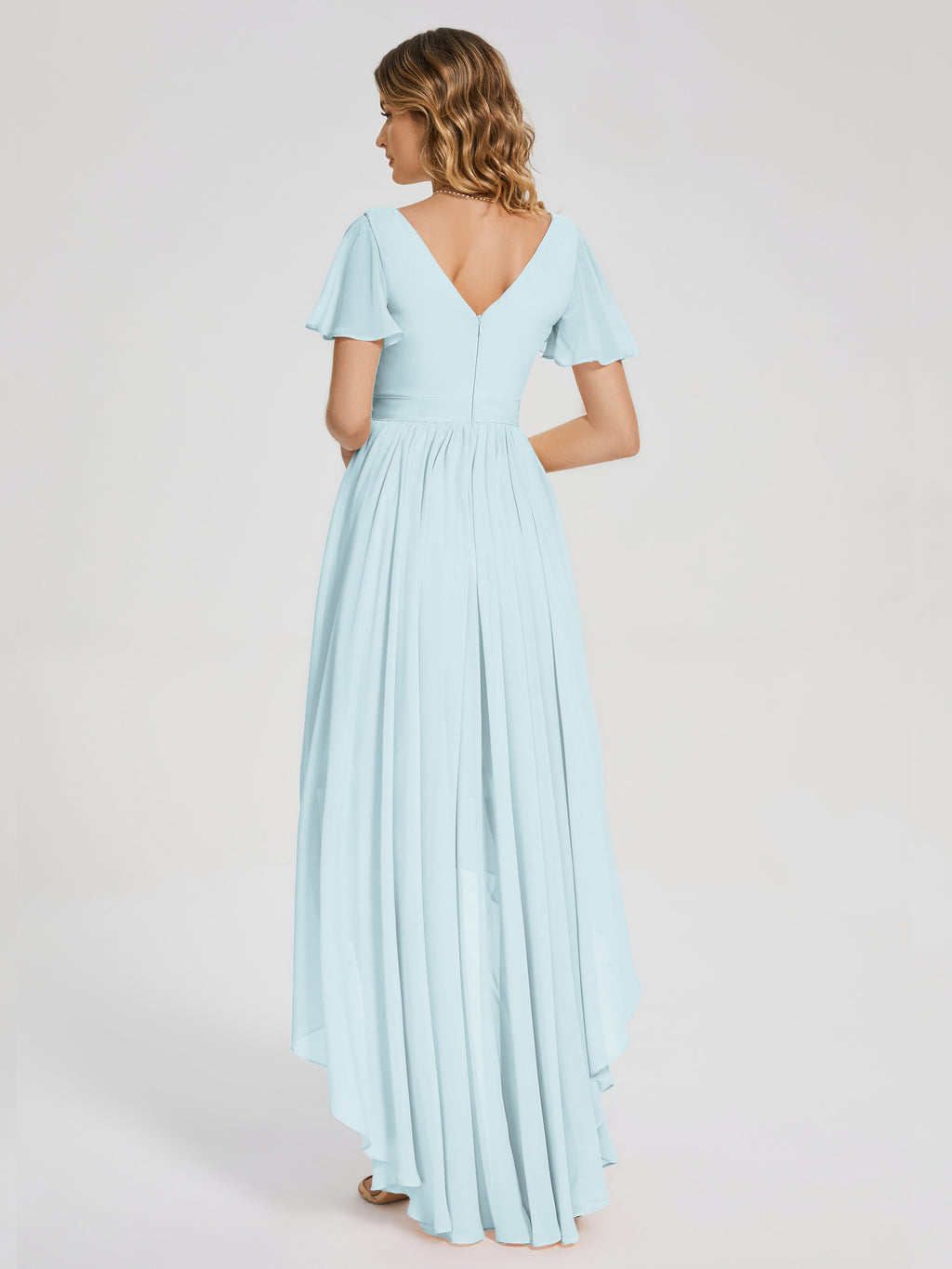 Evangeline High Low Short Sleeves Chiffon Bridesmaid Dress