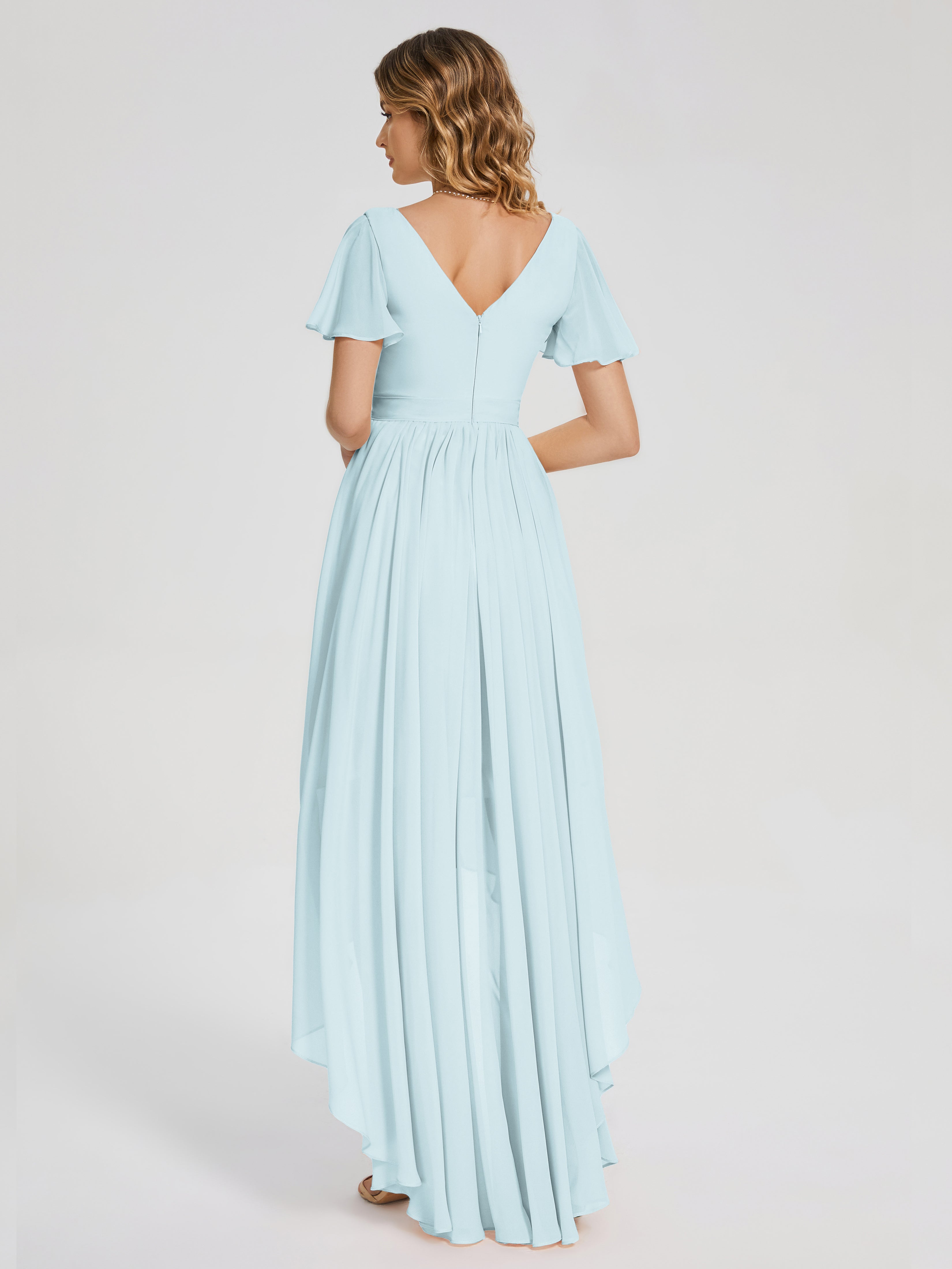 Evangeline High Low Short Sleeves Chiffon Bridesmaid Dress